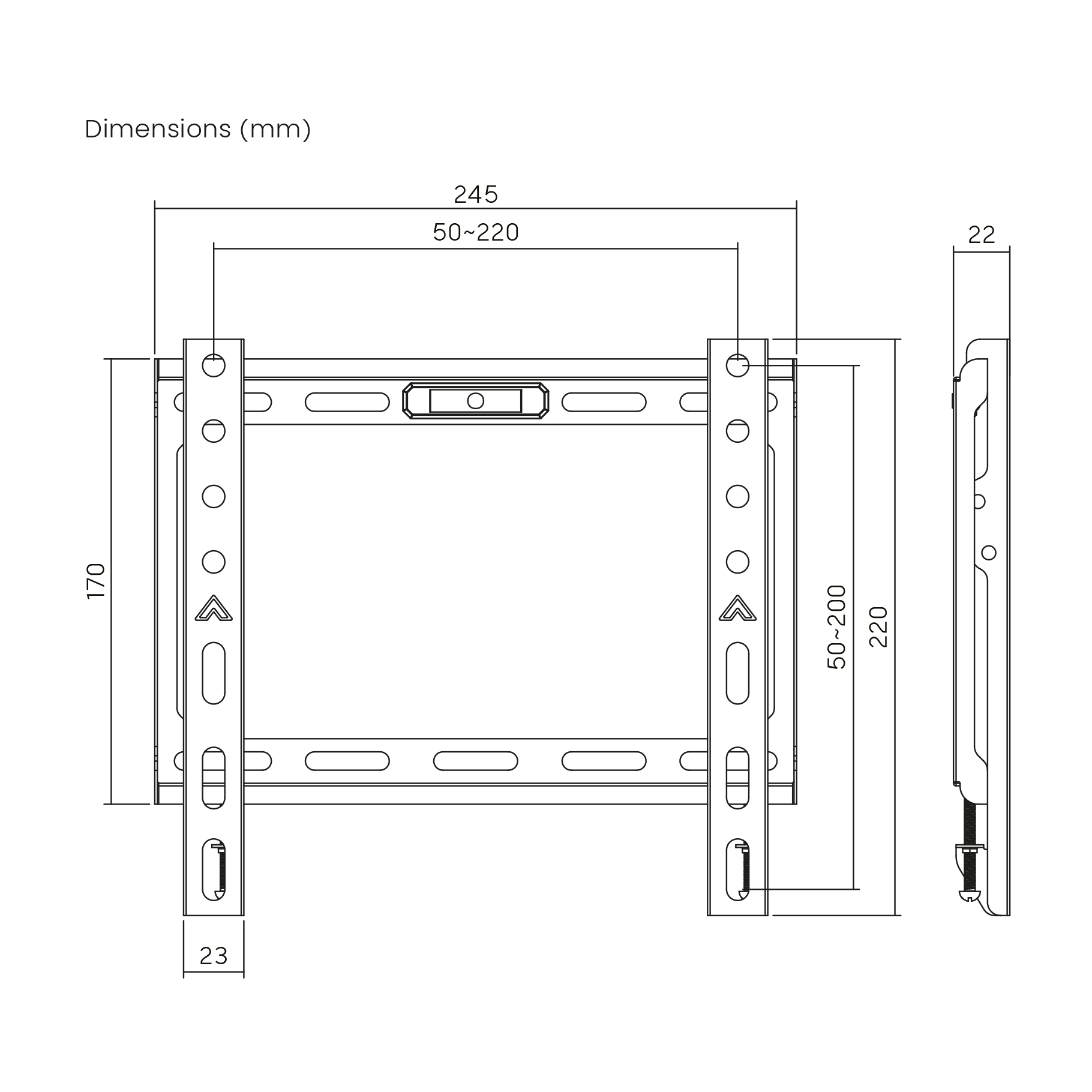Technische tekening van een tv-beugel met afmetingen in mm.