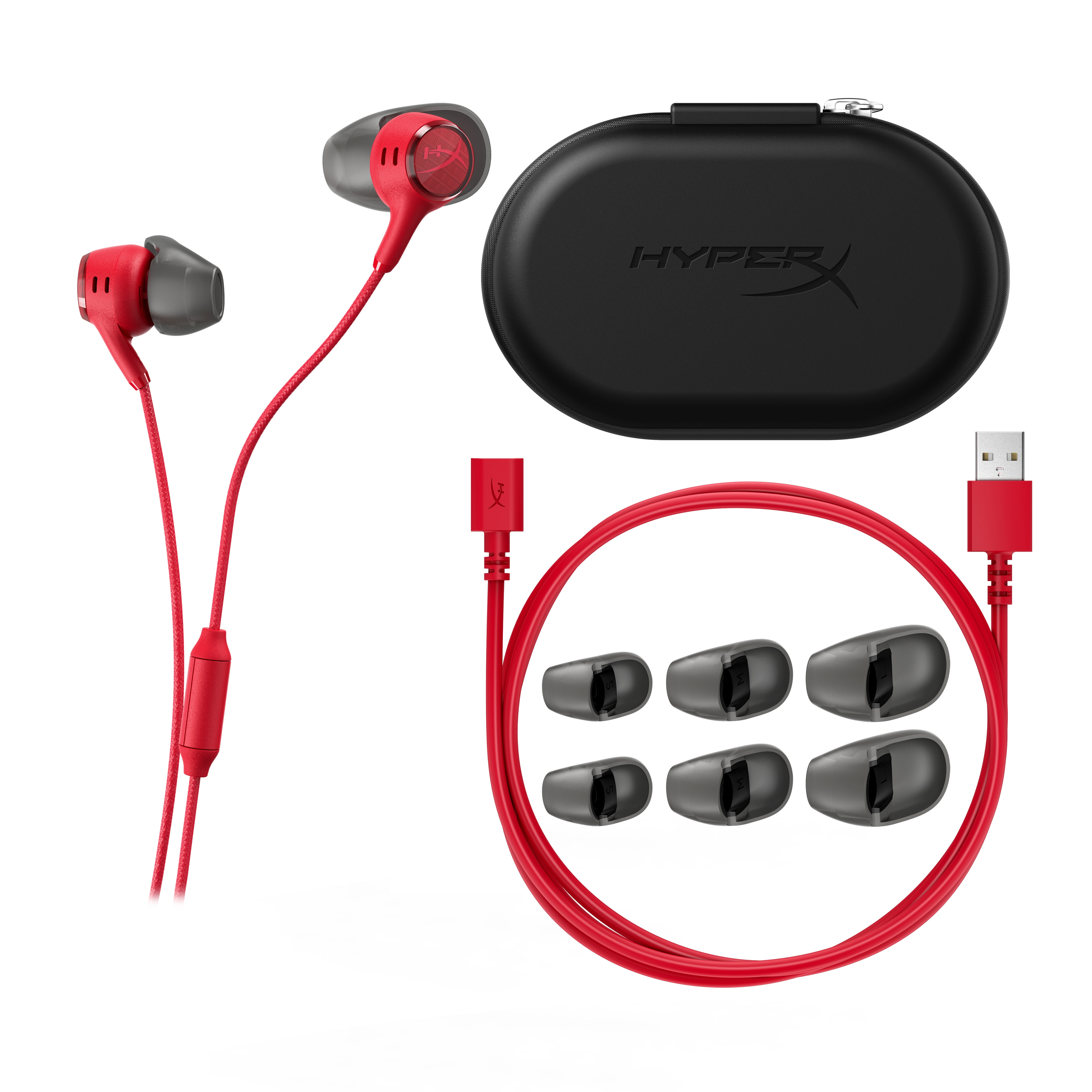 Rote In-Ear-Kopfhörer mit Kabel, Transportetui, rotem USB-Kabel und Ersatz-Ohrstöpseln auf weißem Hintergrund.