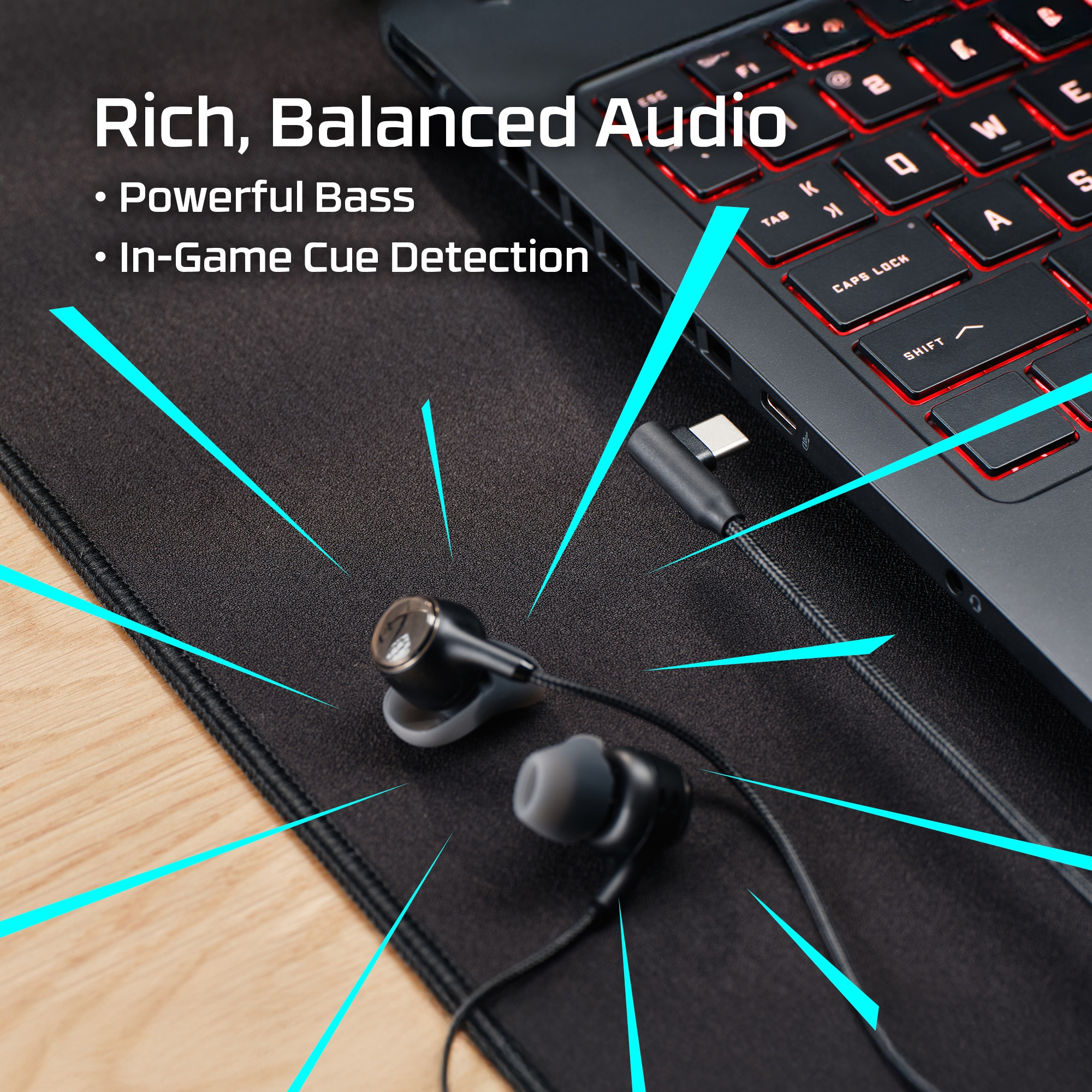 Schwarze Gaming-Ohrhörer mit USB-C-Kabel und Text über reiche Audiowiedergabe.