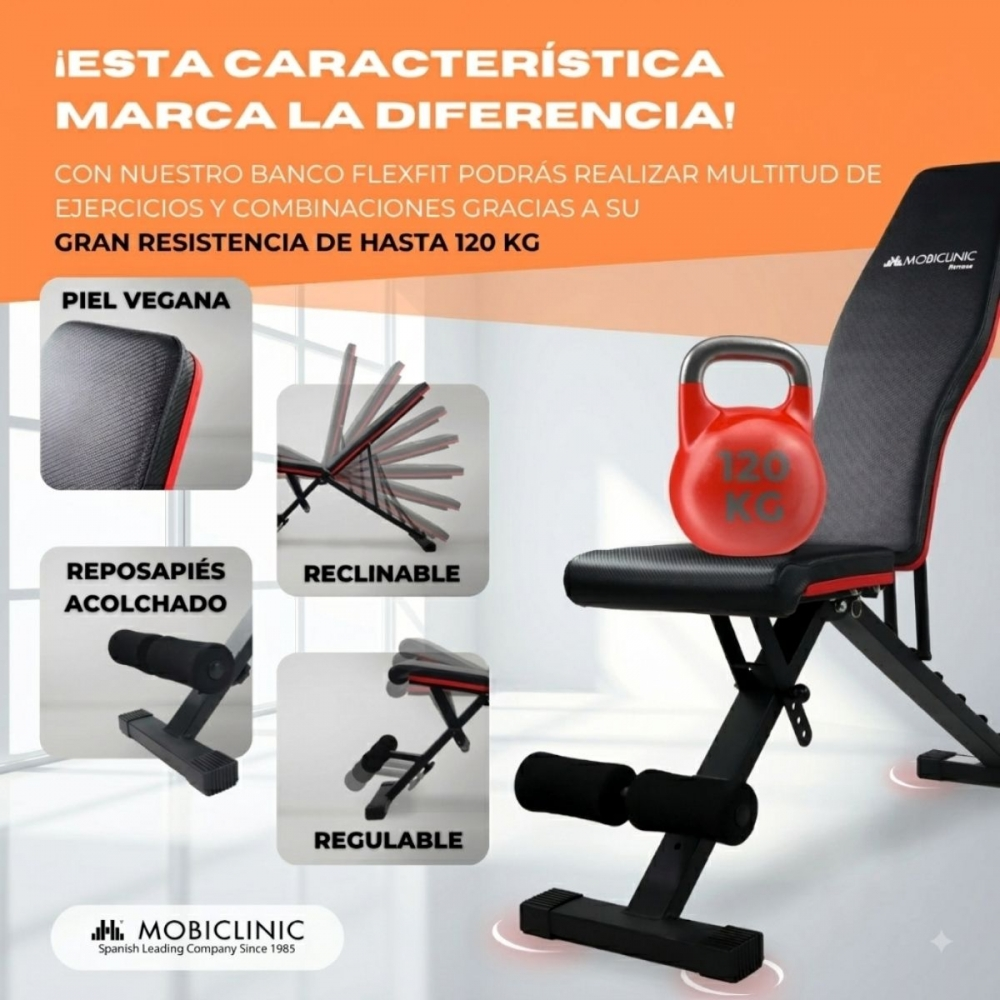 Anuncio de banco de pesas Mobiclinic Flexfit con cuero vegano, reclinable y soporte para piernas ajustable.