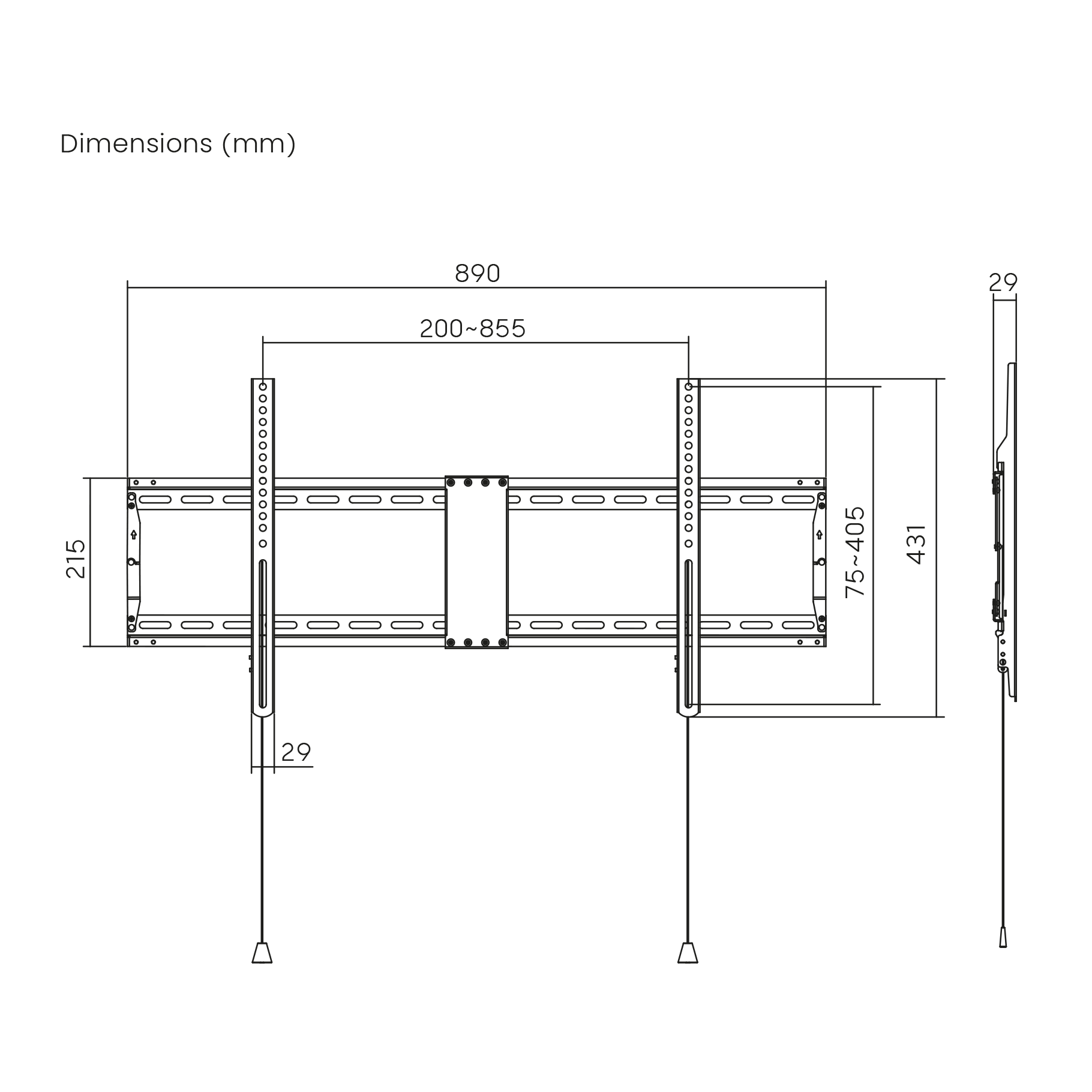 Dibujo técnico de un soporte de TV con dimensiones en milímetros.