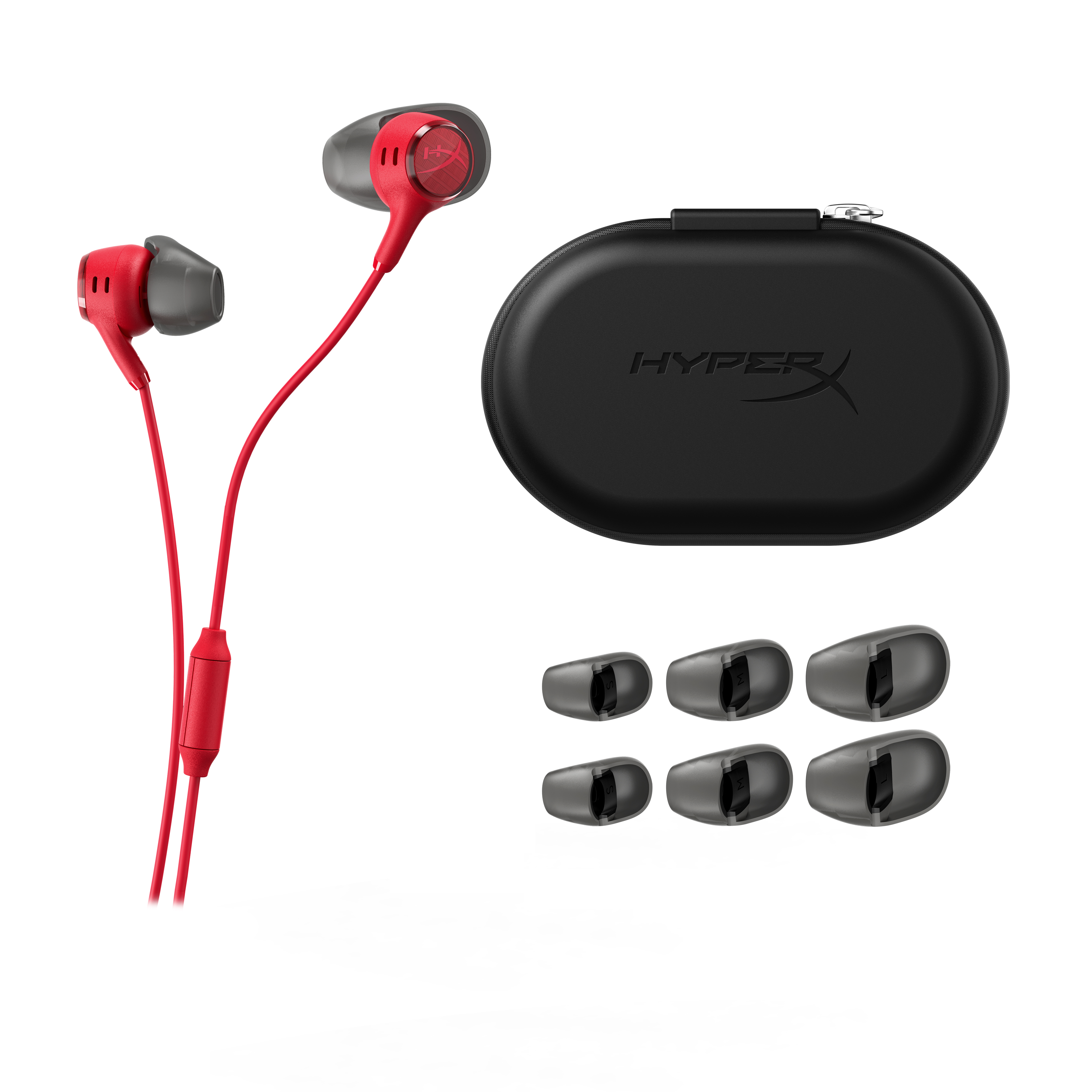 Rote In-Ear-Kopfhörer mit schwarzem Etui und sechs Ersatzaufsätzen auf weiße Hintergrund.