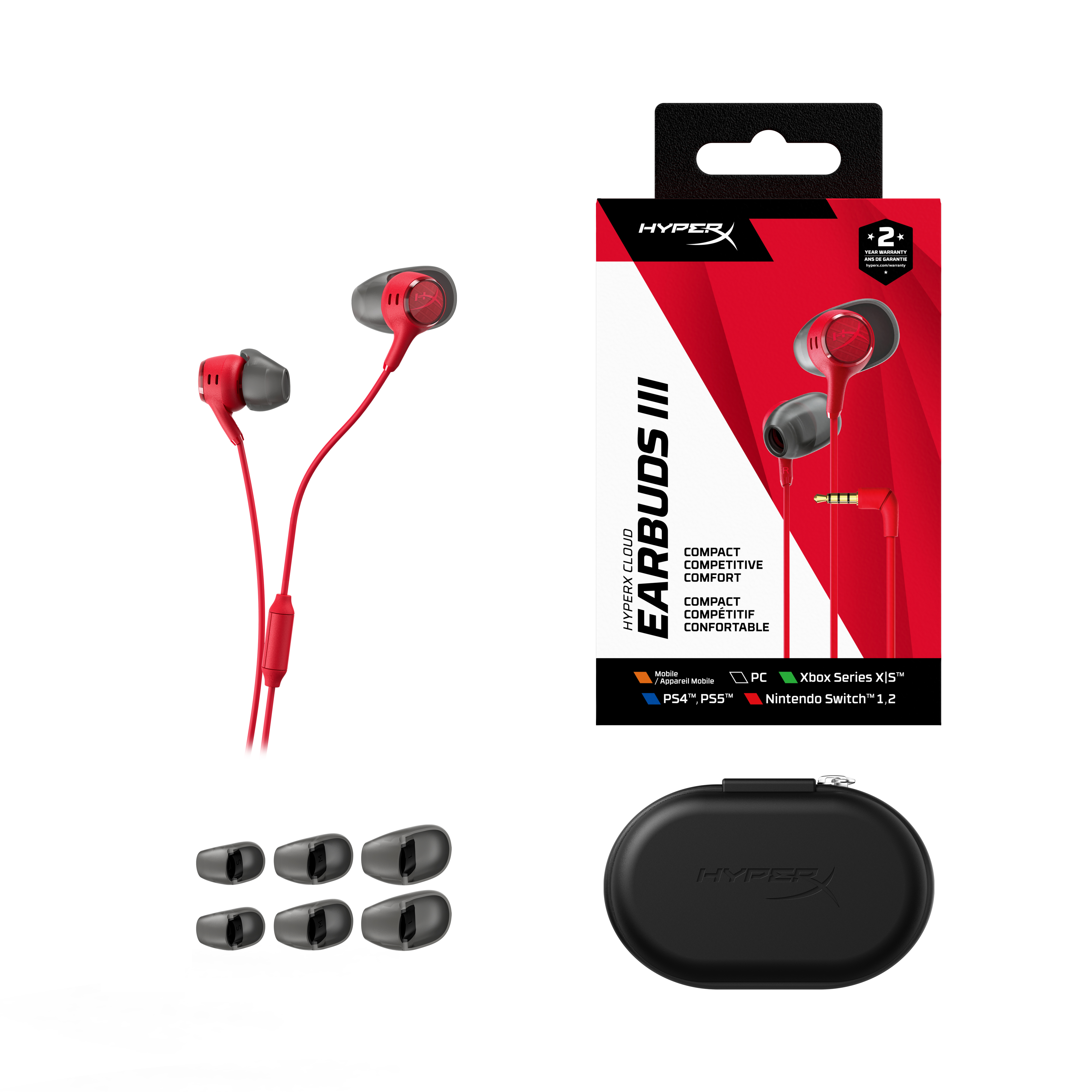 Rote HyperX Cloud Earbuds III In-Ear-Kopfhörer mit Verpackung, zusätzlichen Ohrstöpseln und schwarzem Etui.