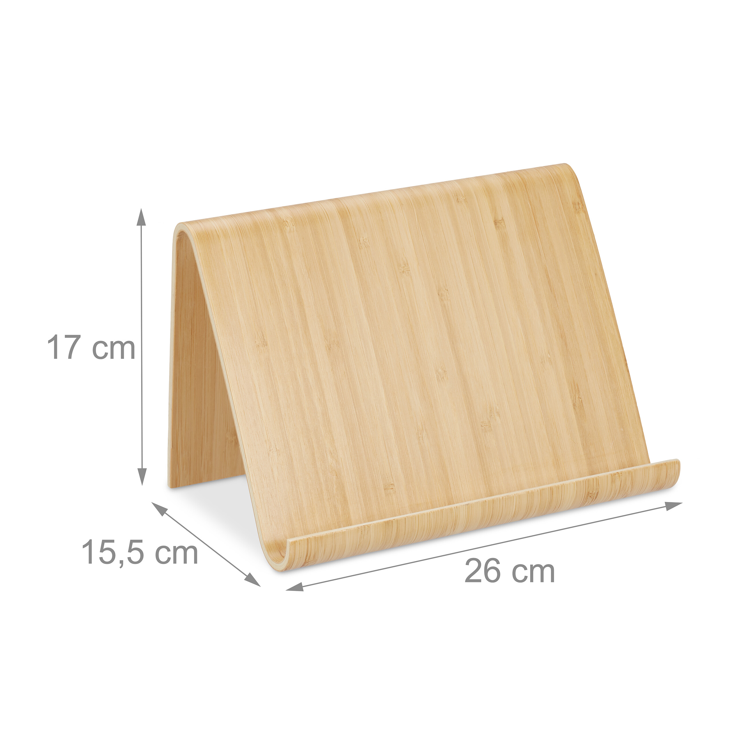 Ein helles Holz-Buchregal mit den Maßen 17 cm Höhe, 15,5 cm Tiefe und 26 cm Breite vor weißem Hintergrund.