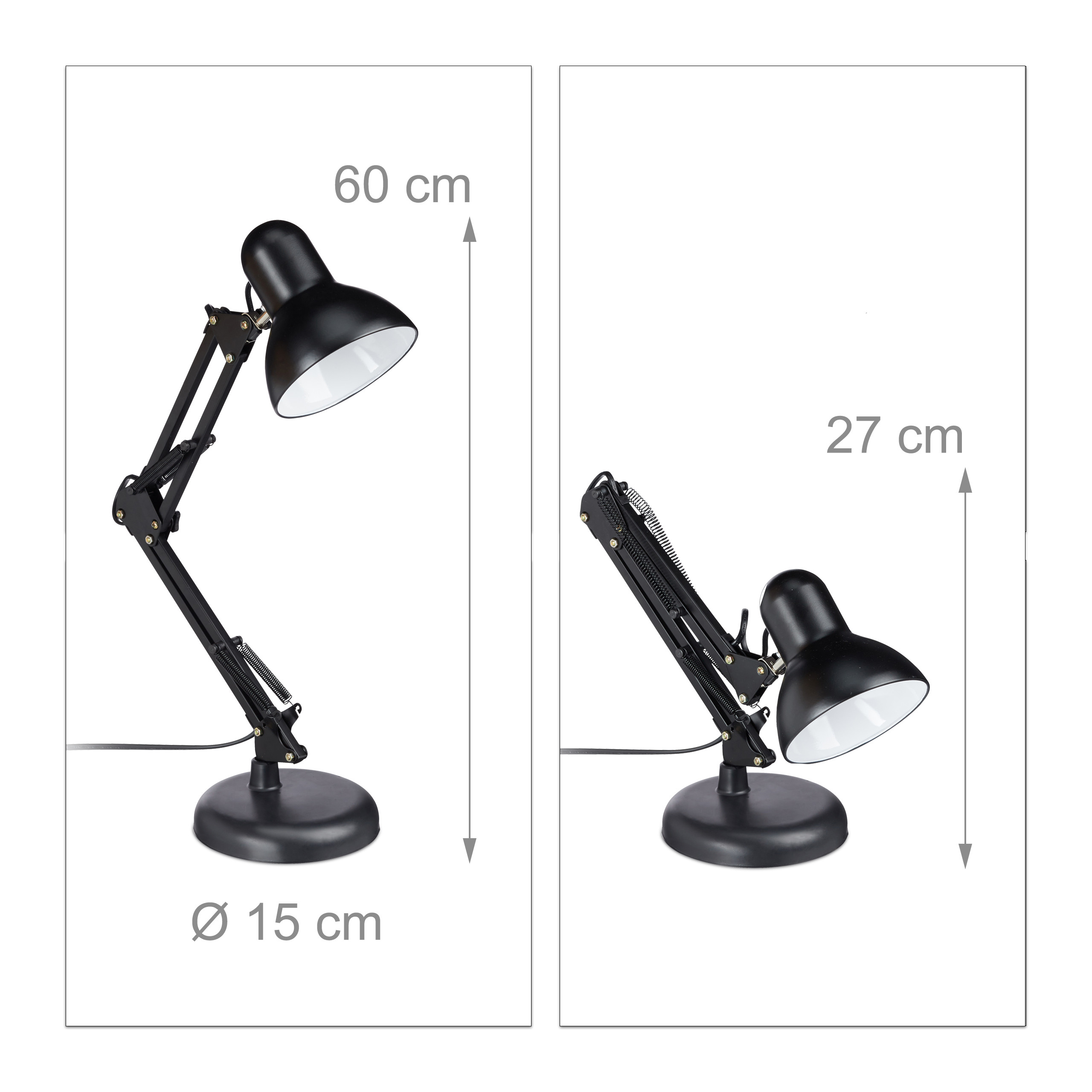 Zwei schwarze Schreibtischlampen mit verstellbaren Armen zeigen die Maße von 60 cm Höhe und 27 cm eingeklappt.