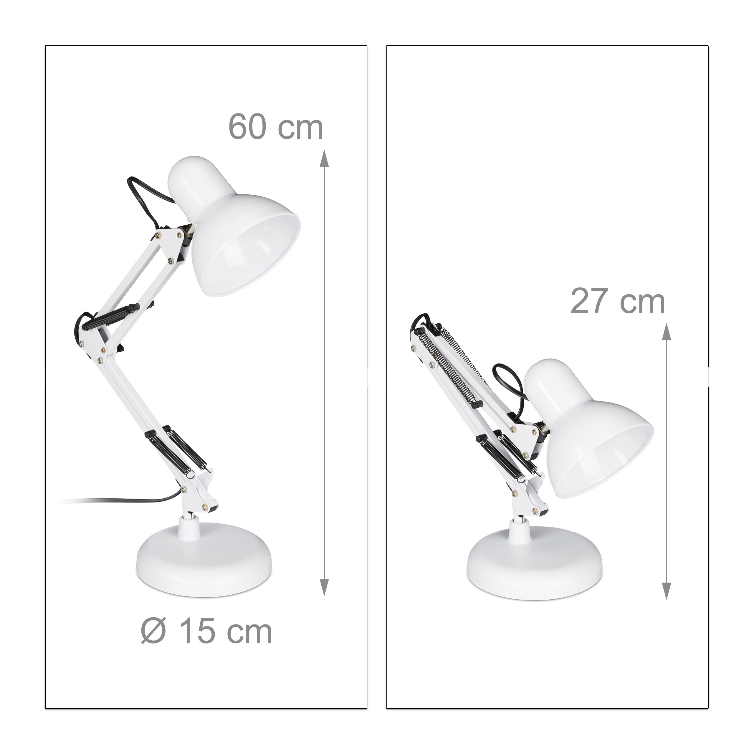 Zwei weiße Schreibtischlampen mit Maßangaben: 60 cm Höhe, 15 cm Fuß und 27 cm eingeklappt.