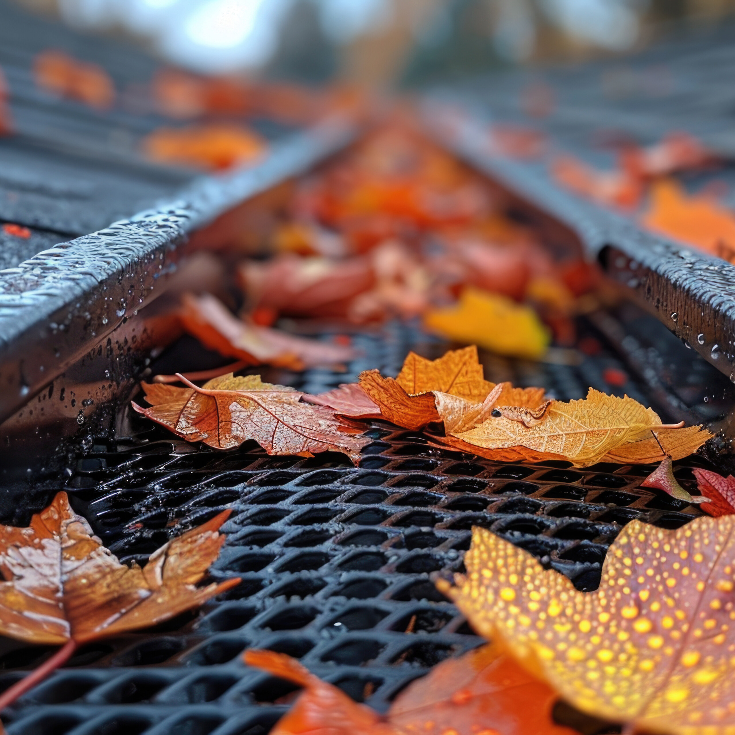 Herbstblätter liegen in einer dunklen Dachrinne mit Metallgitter.