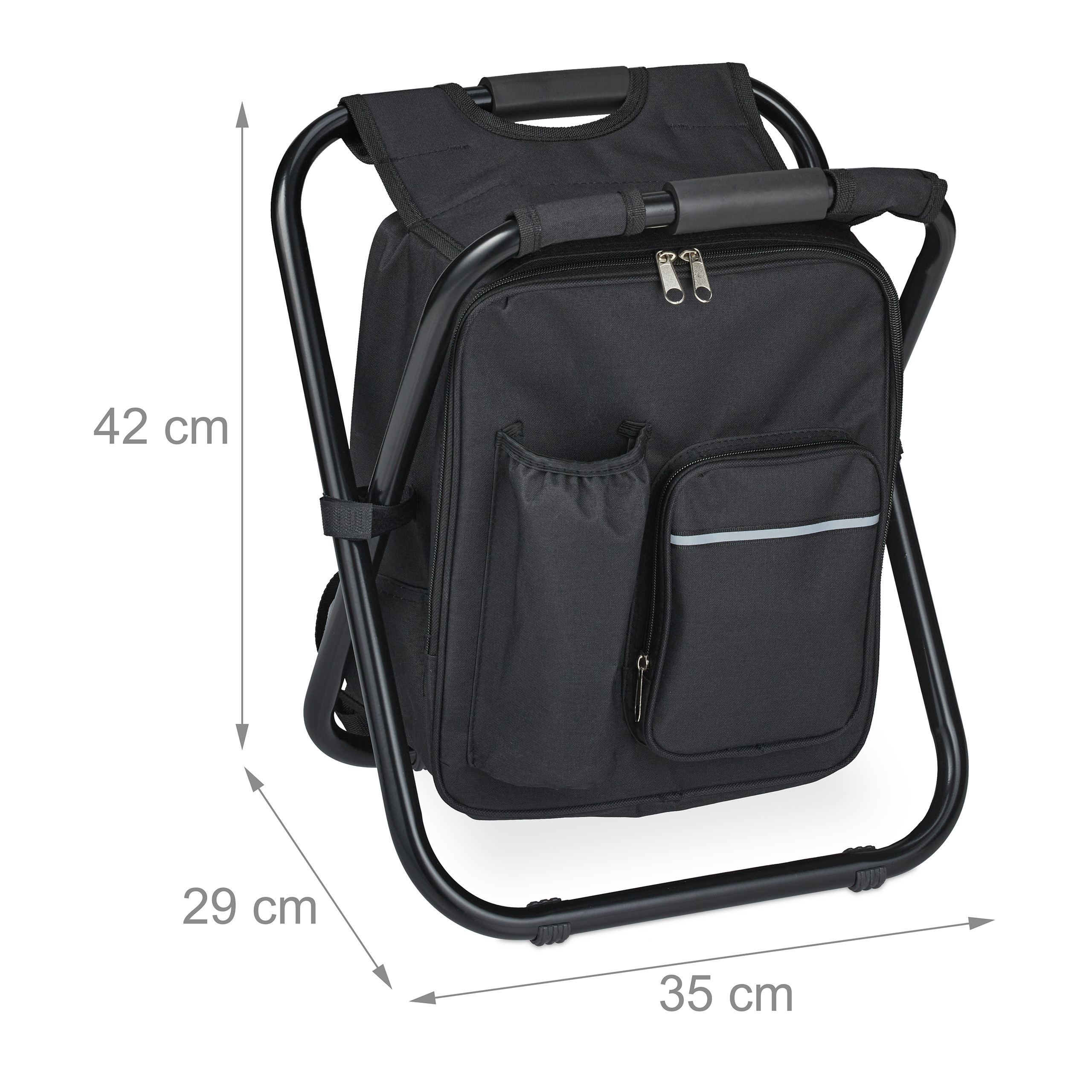 Schwarzer Rucksack mit integriertem Klapphocker, Maße 42x35x29 cm.