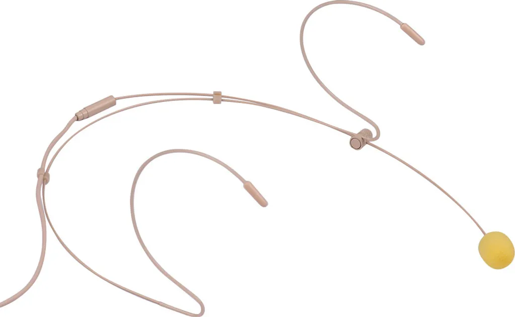 Ein hautfarbener Headset-Mikrofon mit gelbem Schaumstoff-Puff am Ausleger auf weißem Hintergrund.