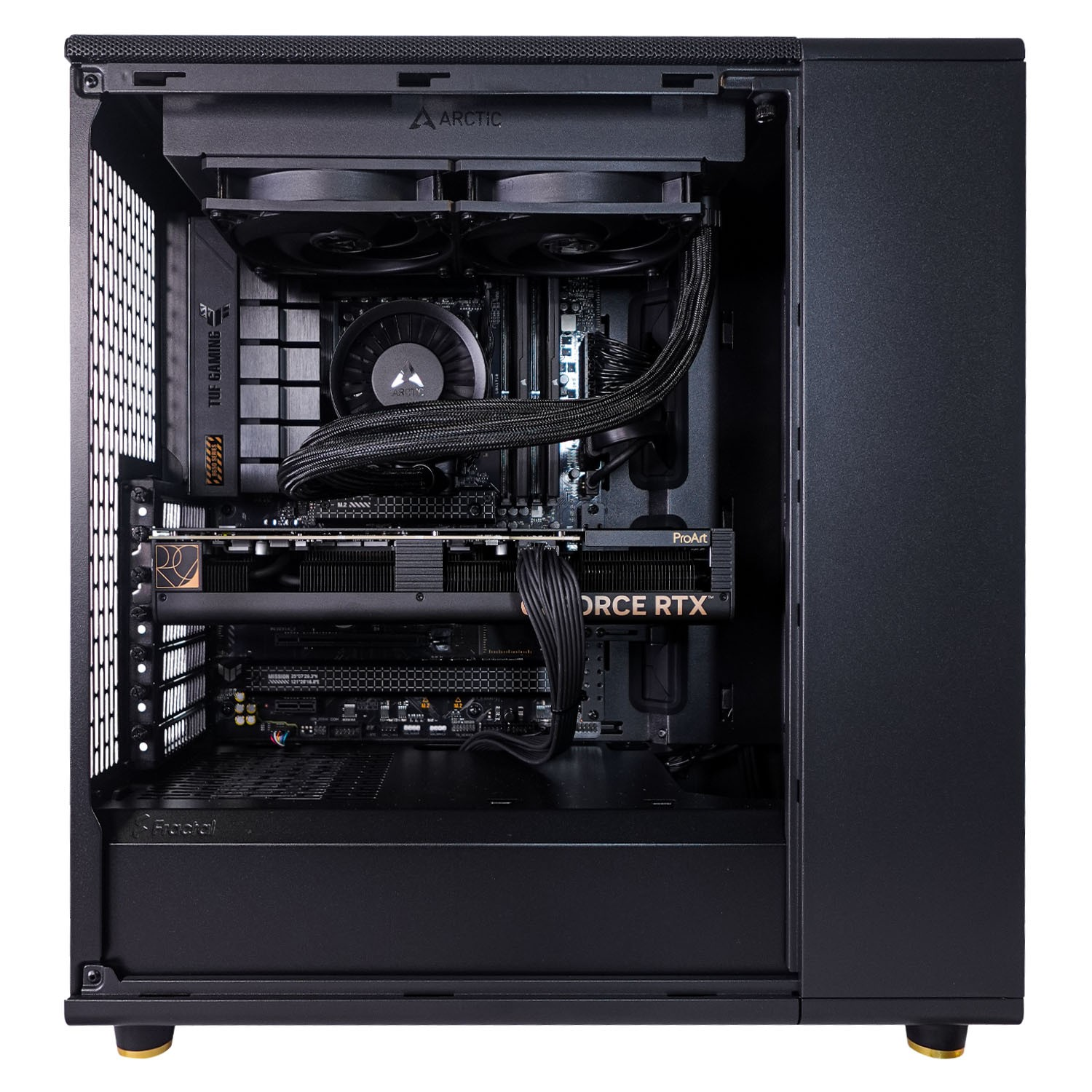 Inneres eines schwarzen PC-Towers mit Komponenten wie Grafikkarte, Lüftern und Motherboard.