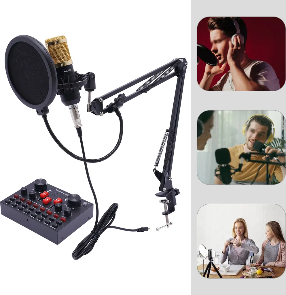 Ein goldenes Mikrofon mit Ständer, Pop-Filter und Audiomischpult sowie Bilder von Menschen bei der Nutzung.