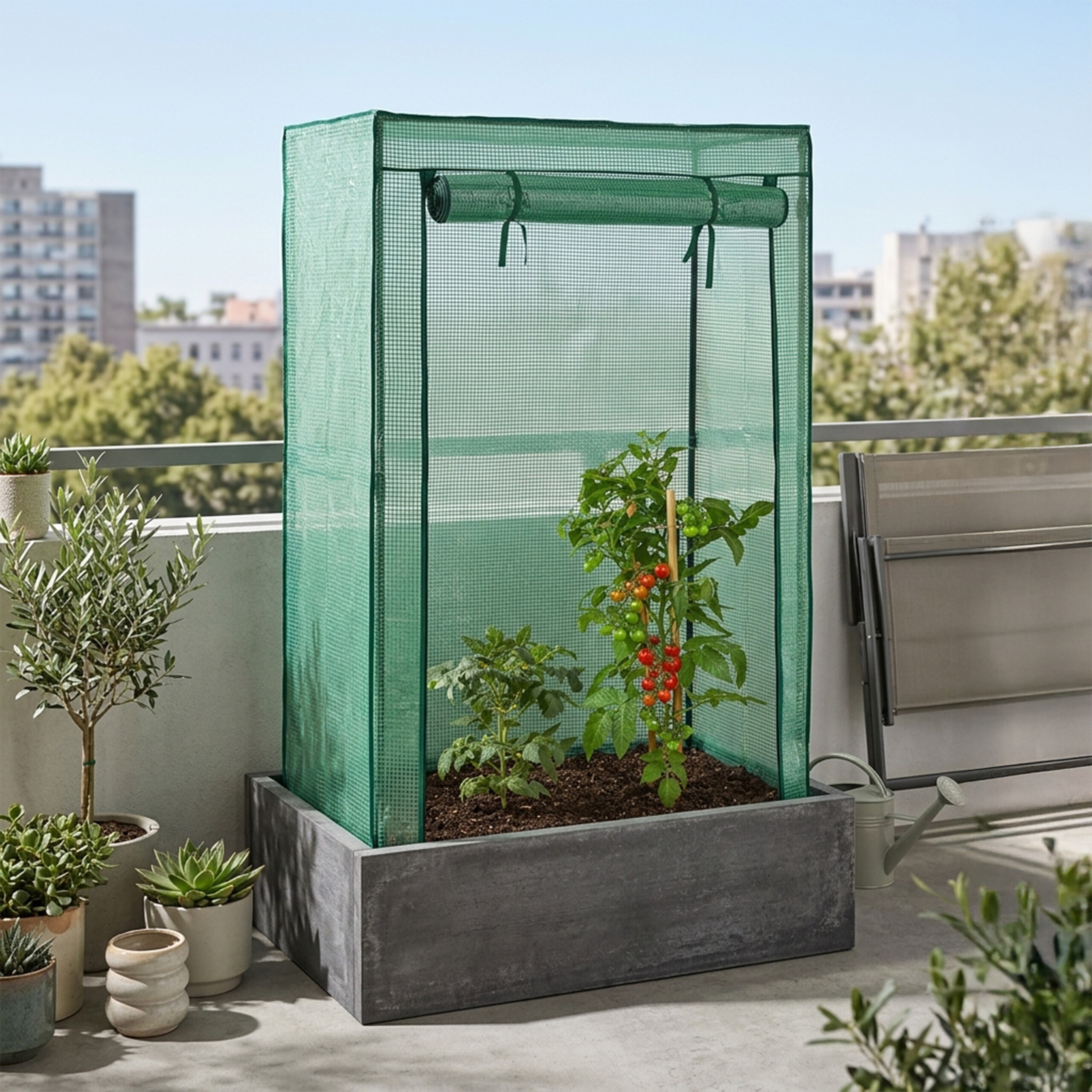 Ein kleines grünes Gewächshaus auf einem Balkon mit Tomatenpflanzen, umgeben von Topfpflanzen und einer Gießkanne.