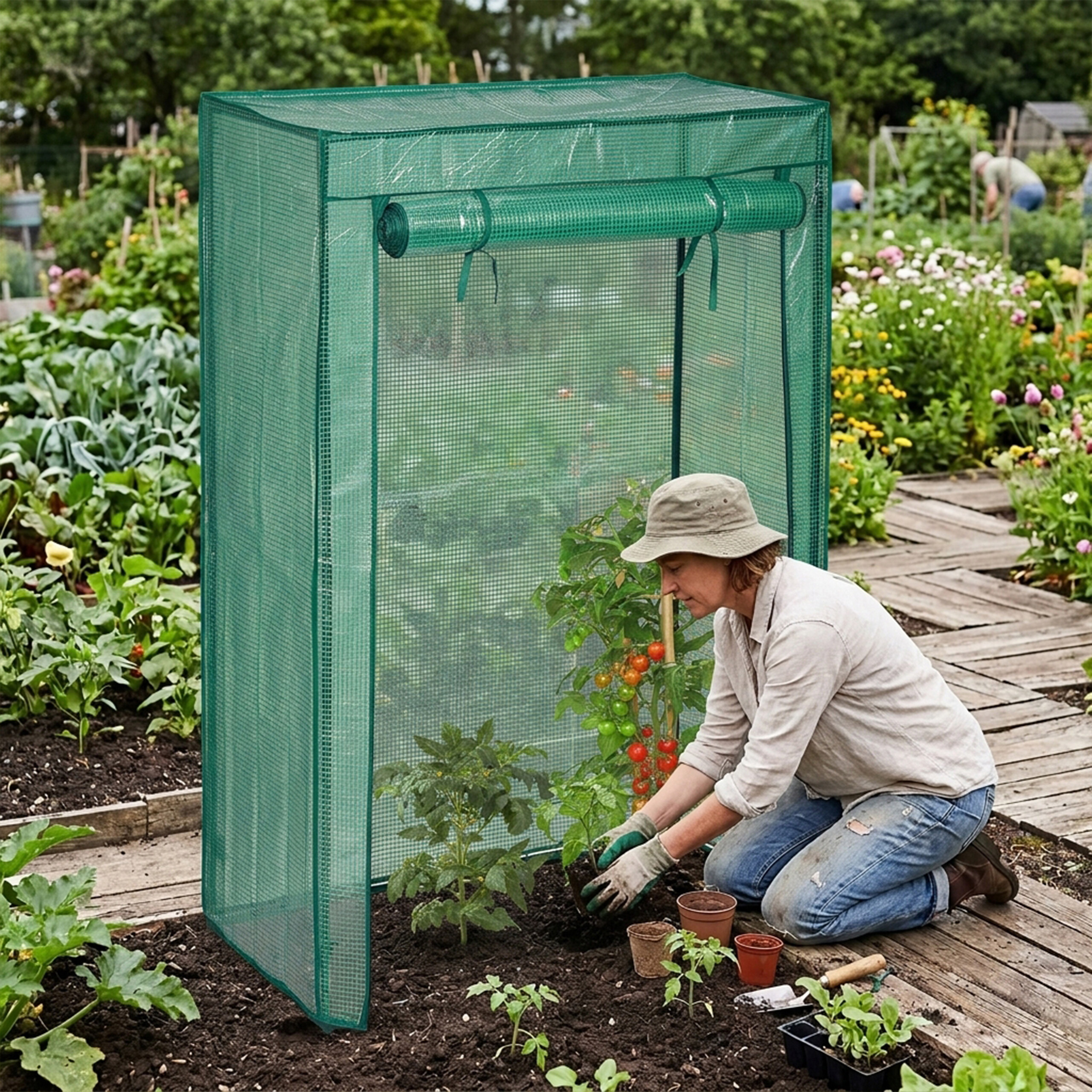 Eine Frau mit Hut kniet in einem Garten und pflegt Pflanzen neben einem grünen Gewächshaus.