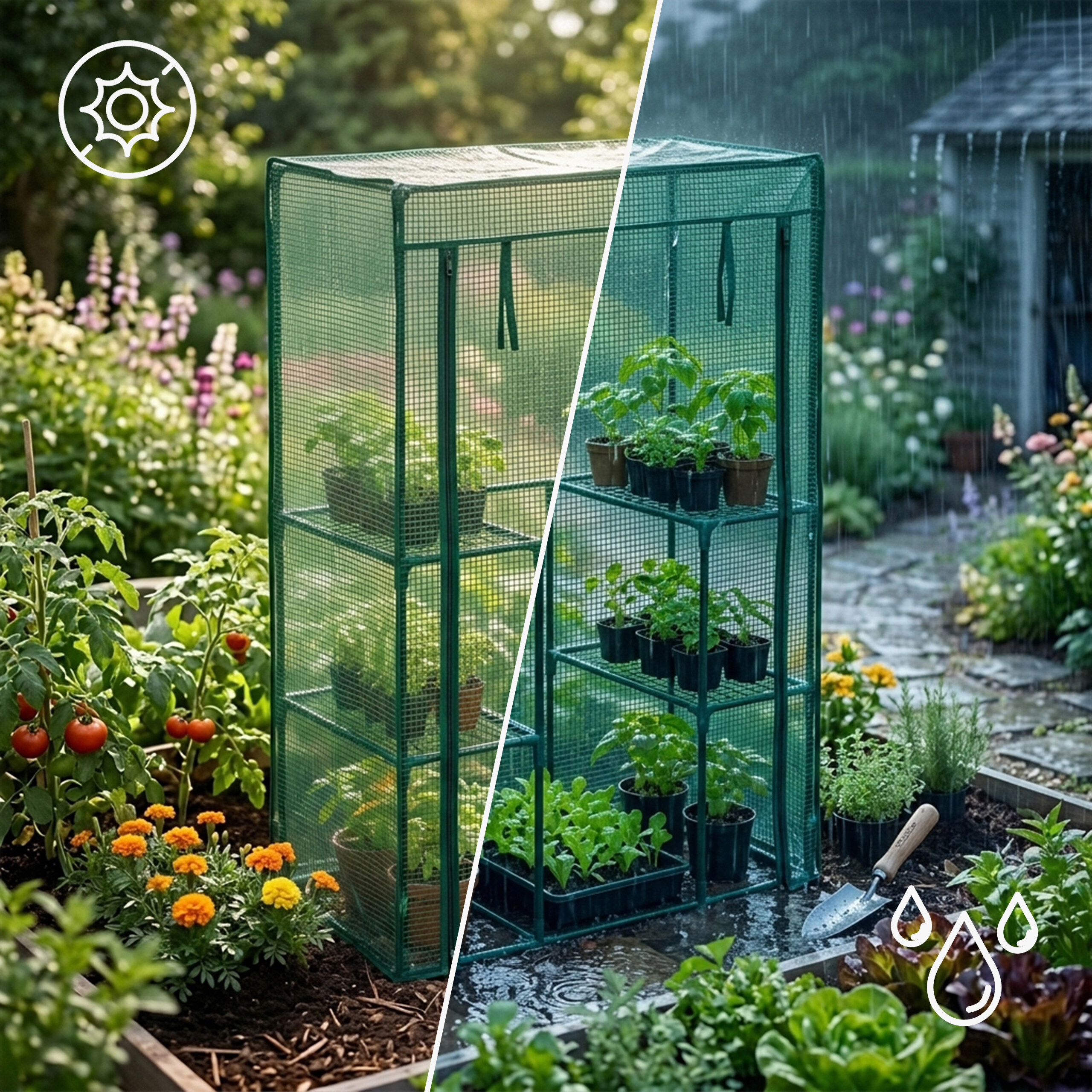 Ein grünes Gewächshausregal mit Pflanzen in einem Garten, links sonnig, rechts im Regen.