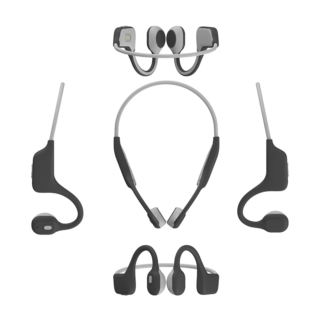 Mehrwinkelansichten eines grau-schwarzen kabellosen Open-Ear-Headsets vor weißem Hintergrund.