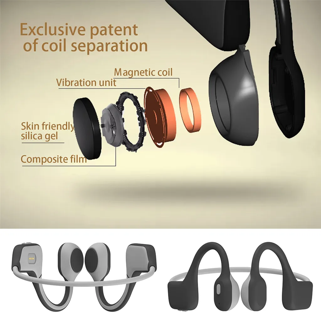 Diagramm der internen Komponenten eines Open-Ear-Kopfhörers, einschließlich Vibrationseinheit und Magnetspule.