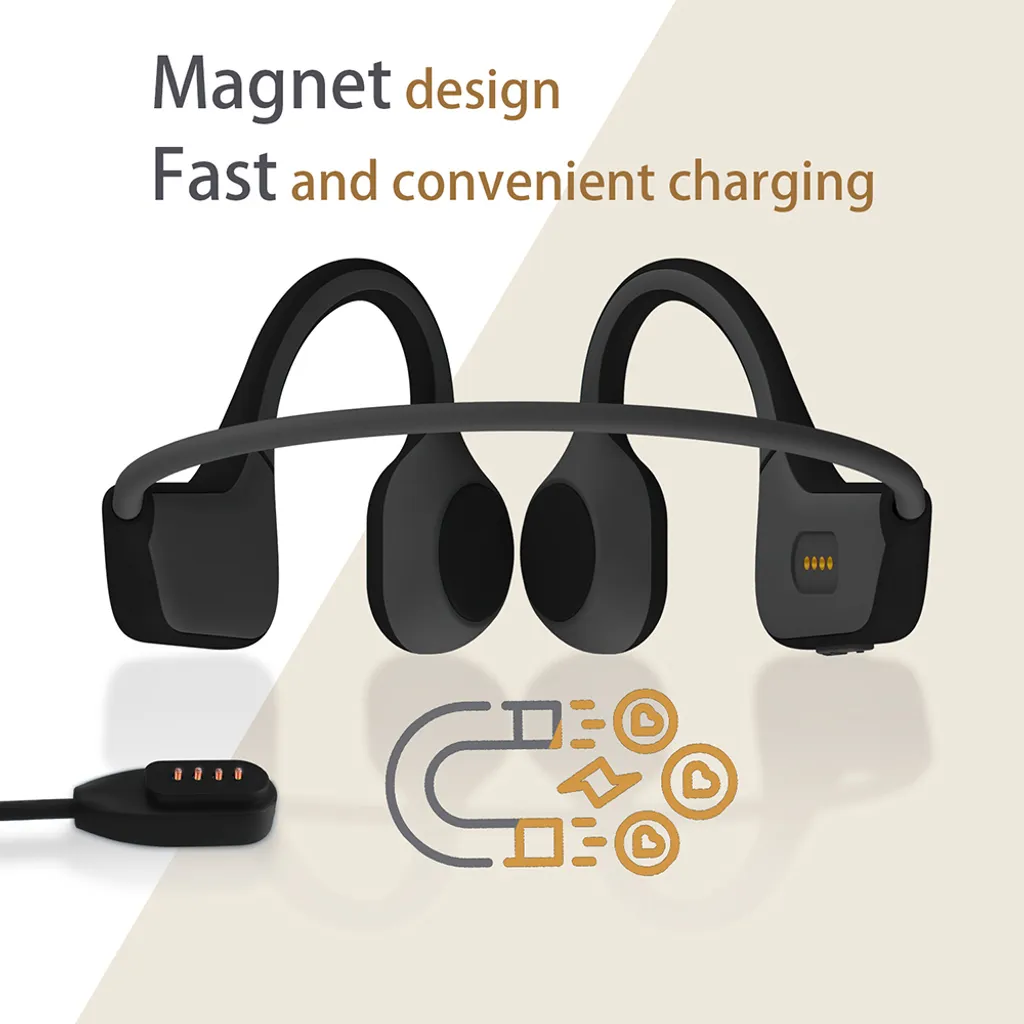 Schwarze Knochenleitungskopfhörer mit magnetischem Ladekabel und Text über Magnetdesign.