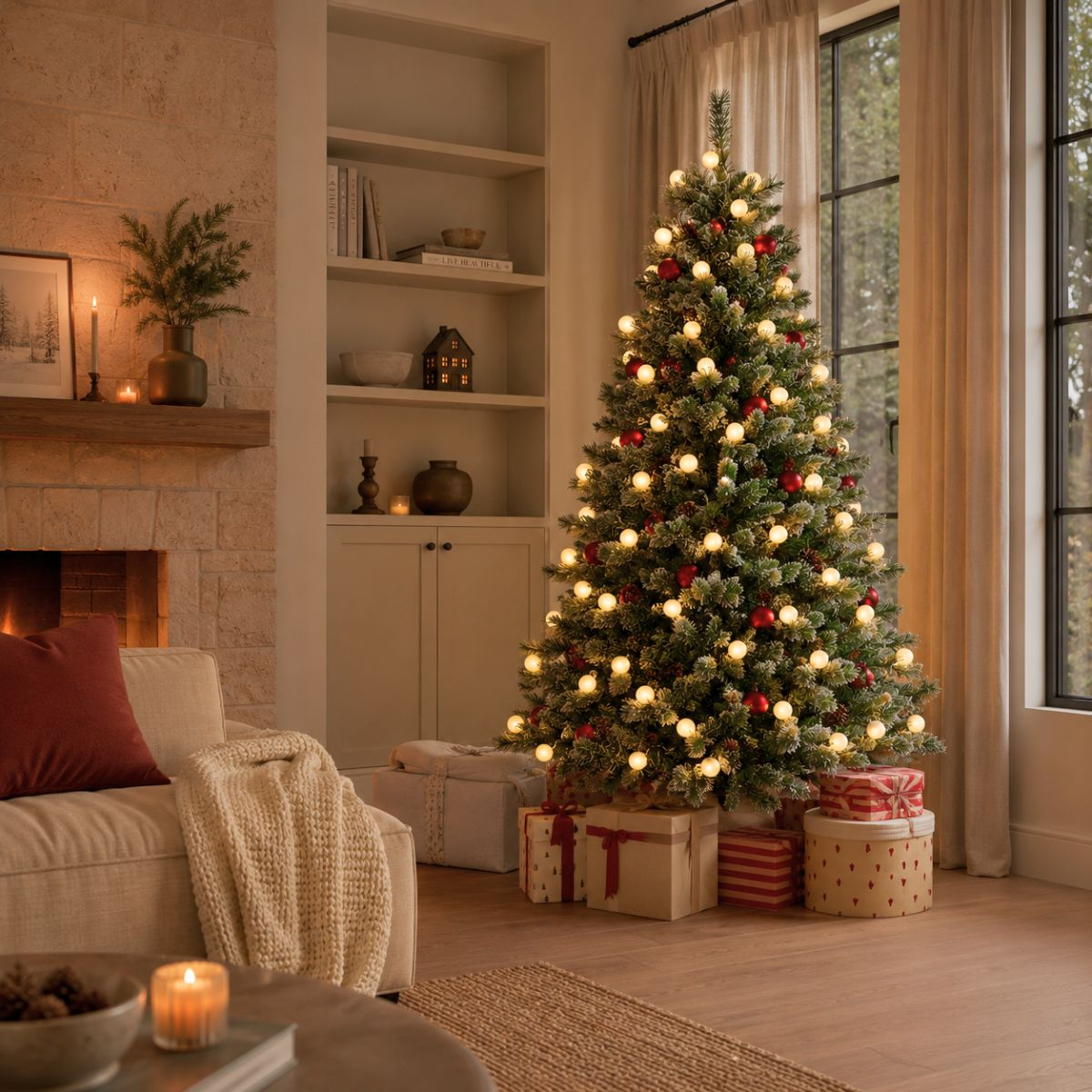 Een verlichte kerstboom met rode kerstballen en cadeautjes in een woonkamer naast een open haard.