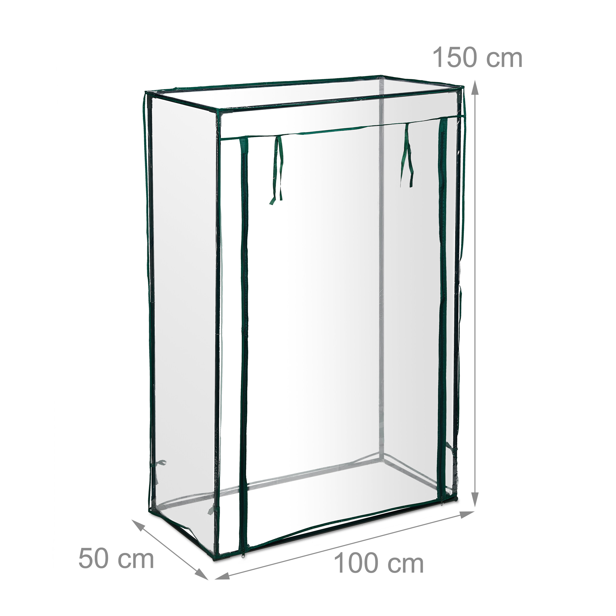 Ein kleines transparentes Gewächshaus mit grünem Rahmen und Maßen von 100x50x150 cm auf weißem Hintergrund.