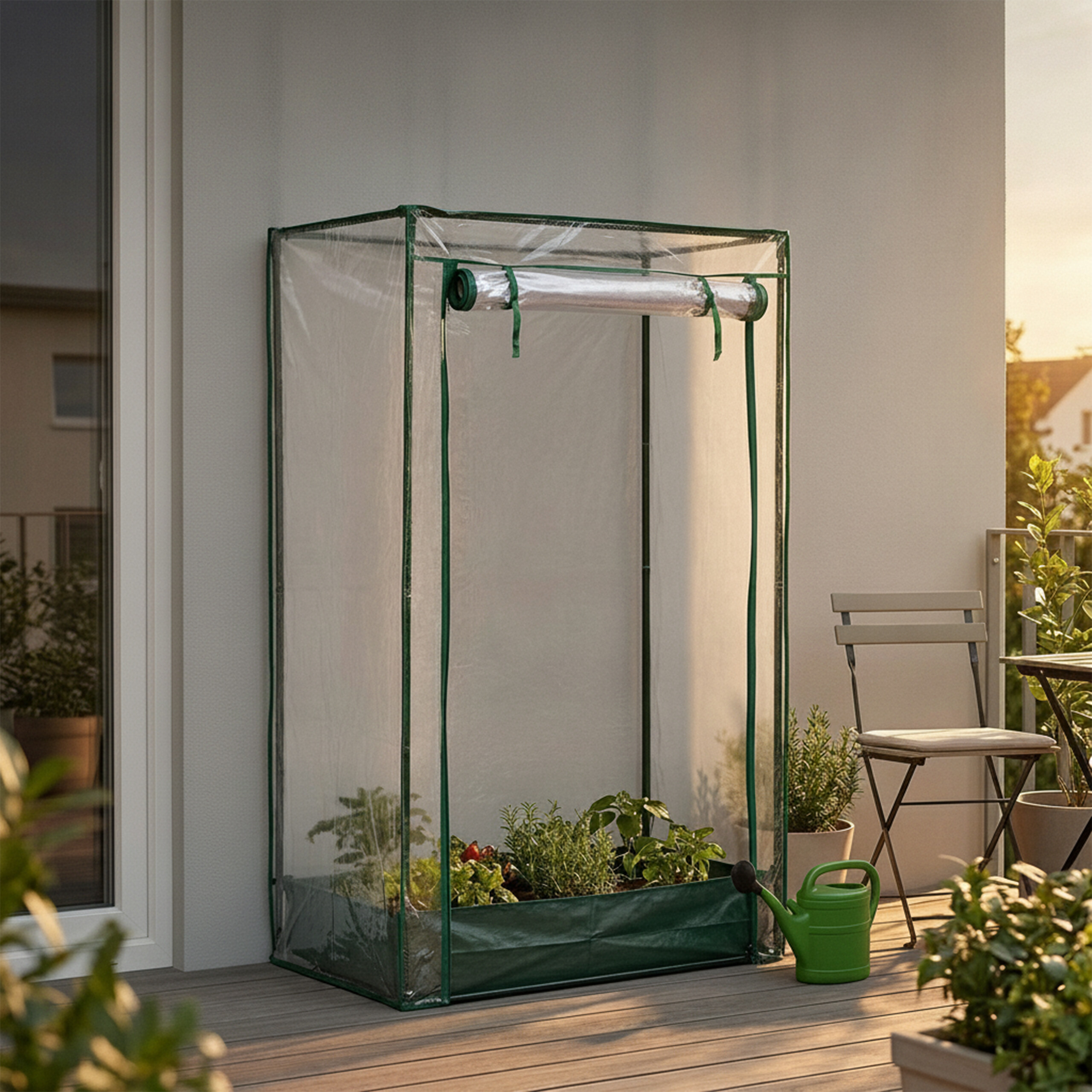 Ein kleines grünes Gewächshaus auf einem Balkon mit Topfpflanzen, einem Stuhl und einer Gießkanne.