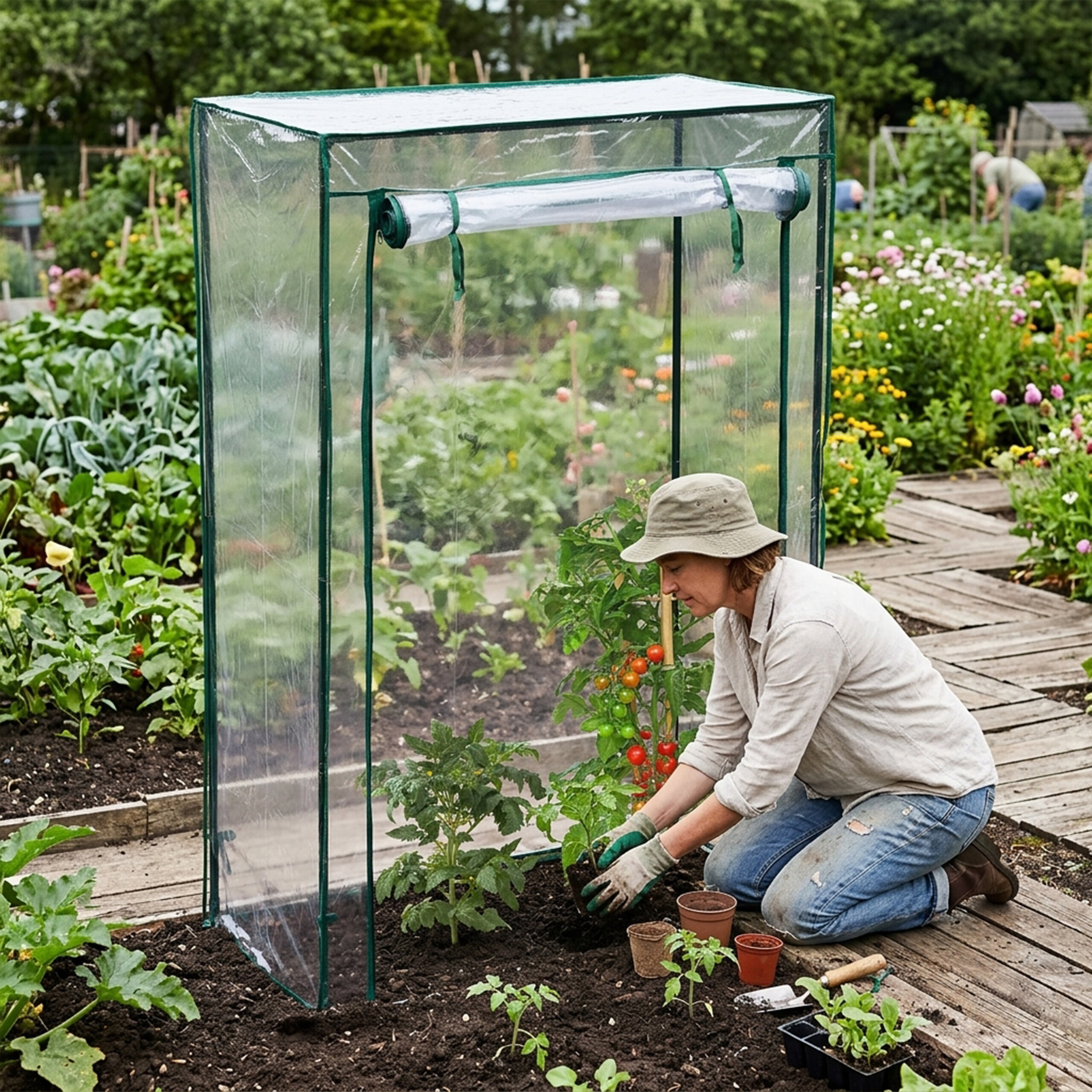 Eine Frau in Gartenkleidung pflanzt Tomaten neben einem kleinen Gewächshaus im Garten.