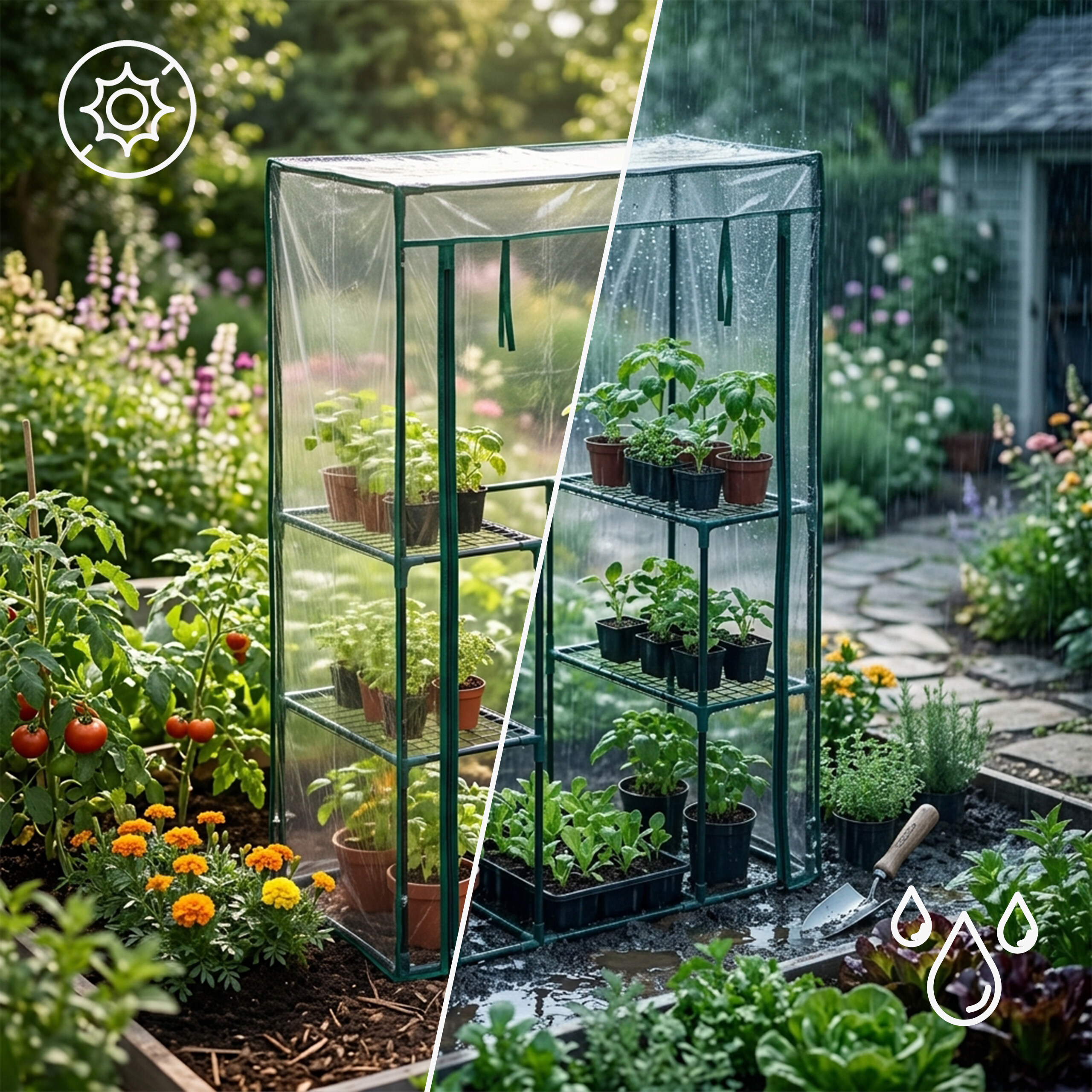 Ein kleines Folienzelt für Pflanzen im Garten, links sonnig und rechts im Regen.