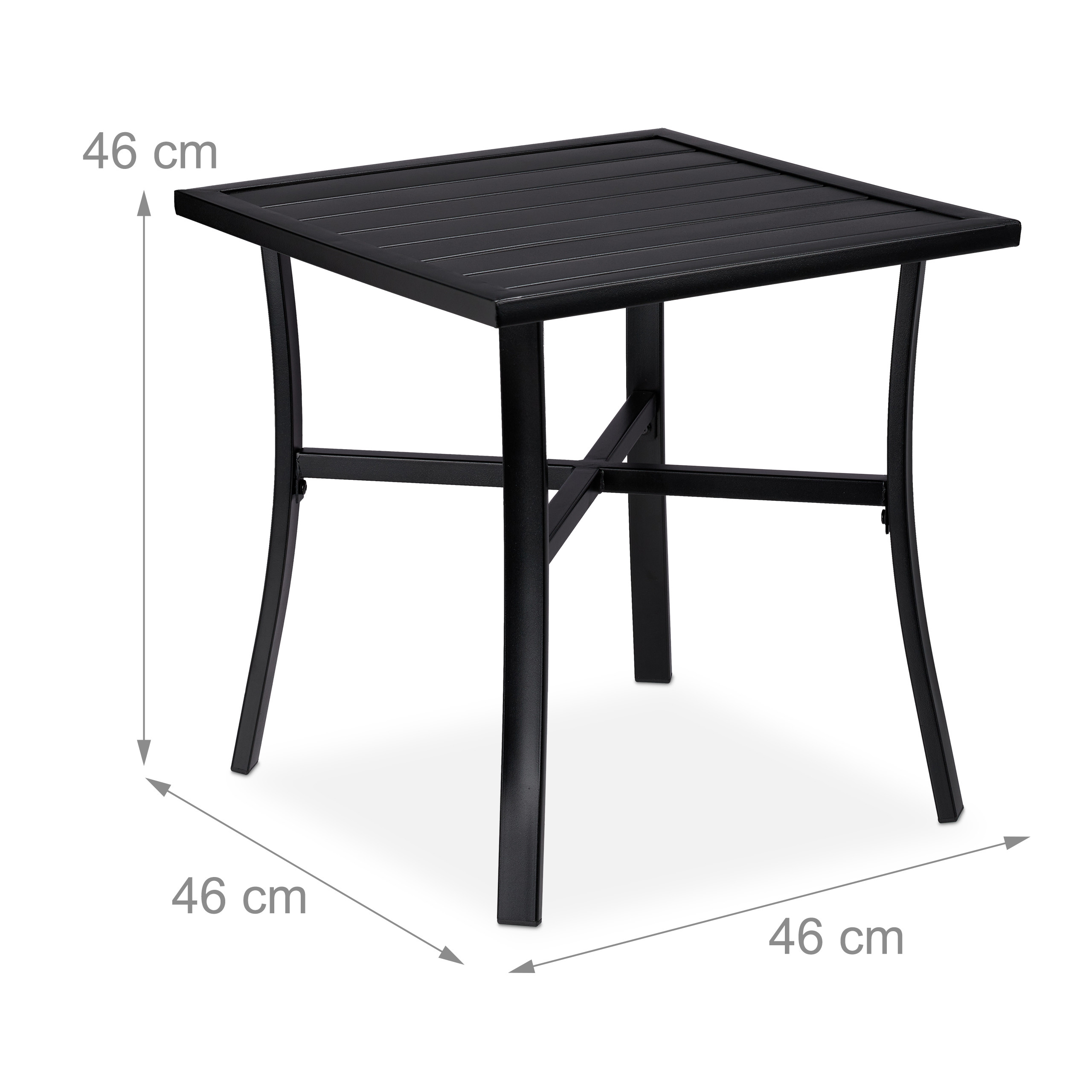 Ein schwarzer, quadratischer Metall-Beistelltisch mit Maßen 46x46x46 cm auf weißem Hintergrund.
