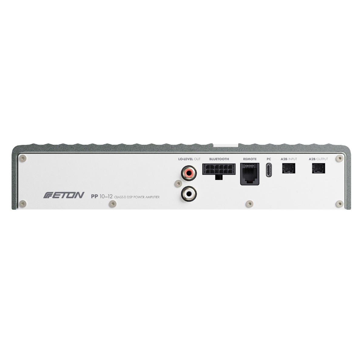 Rückseite eines Match PP 10-12 Verstärkers mit Cinch-, Bluetooth-, Remote-, PC- und A2B-Anschlüssen.