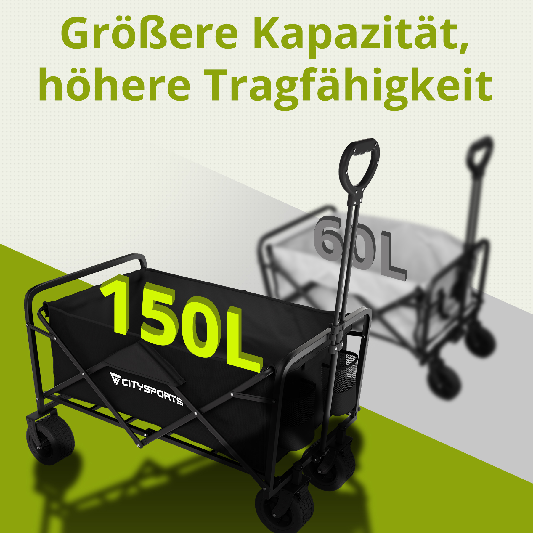 Ein schwarzer, zusammenklappbarer Bollerwagen mit 150L Fassungsvermögen neben einem kleineren 60L-Wagen.