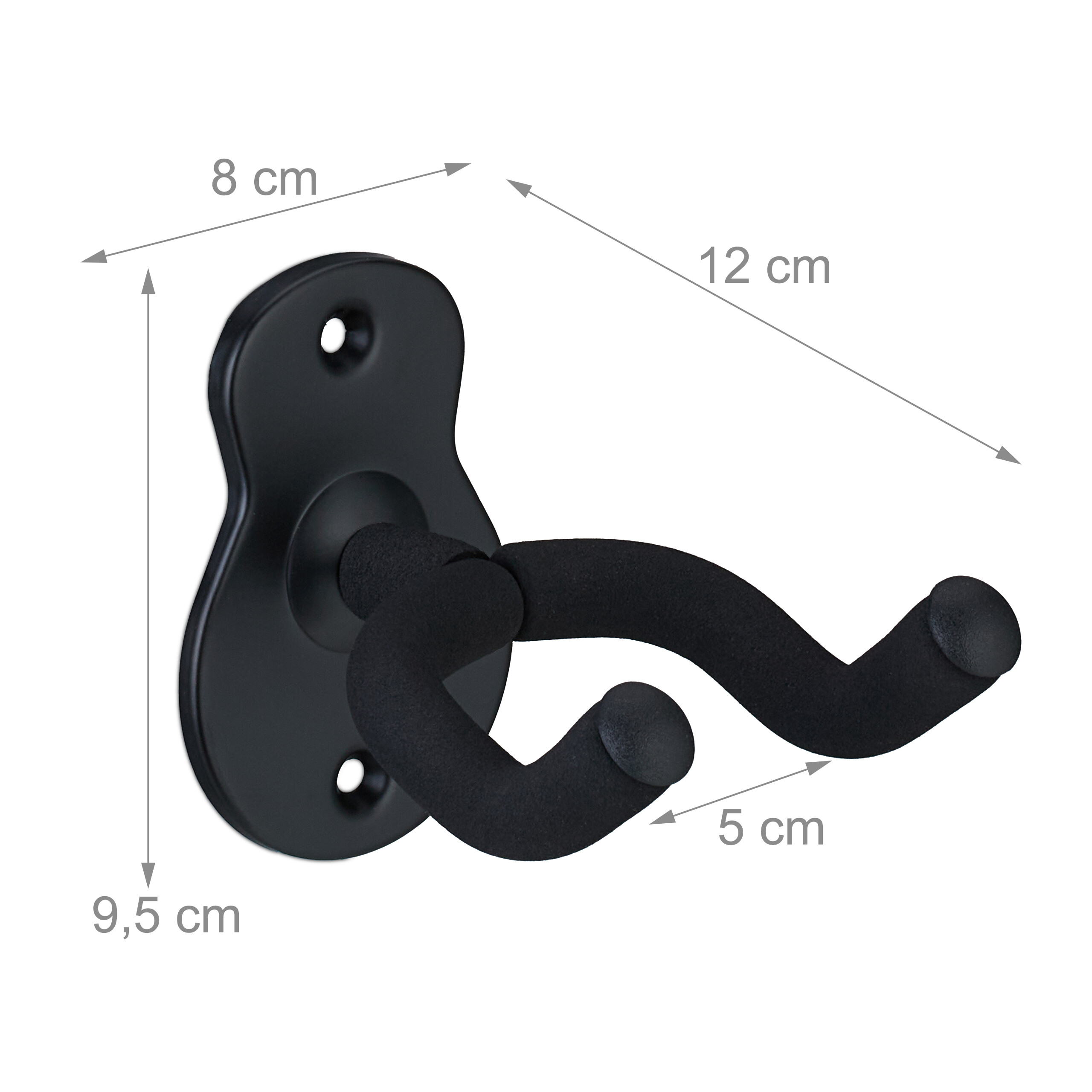 Ein schwarzer Wandgitarrenhalter mit Maßen in cm: 9,5 cm Höhe, 8 cm Breite, 12 cm Länge, 5 cm Abstand.
