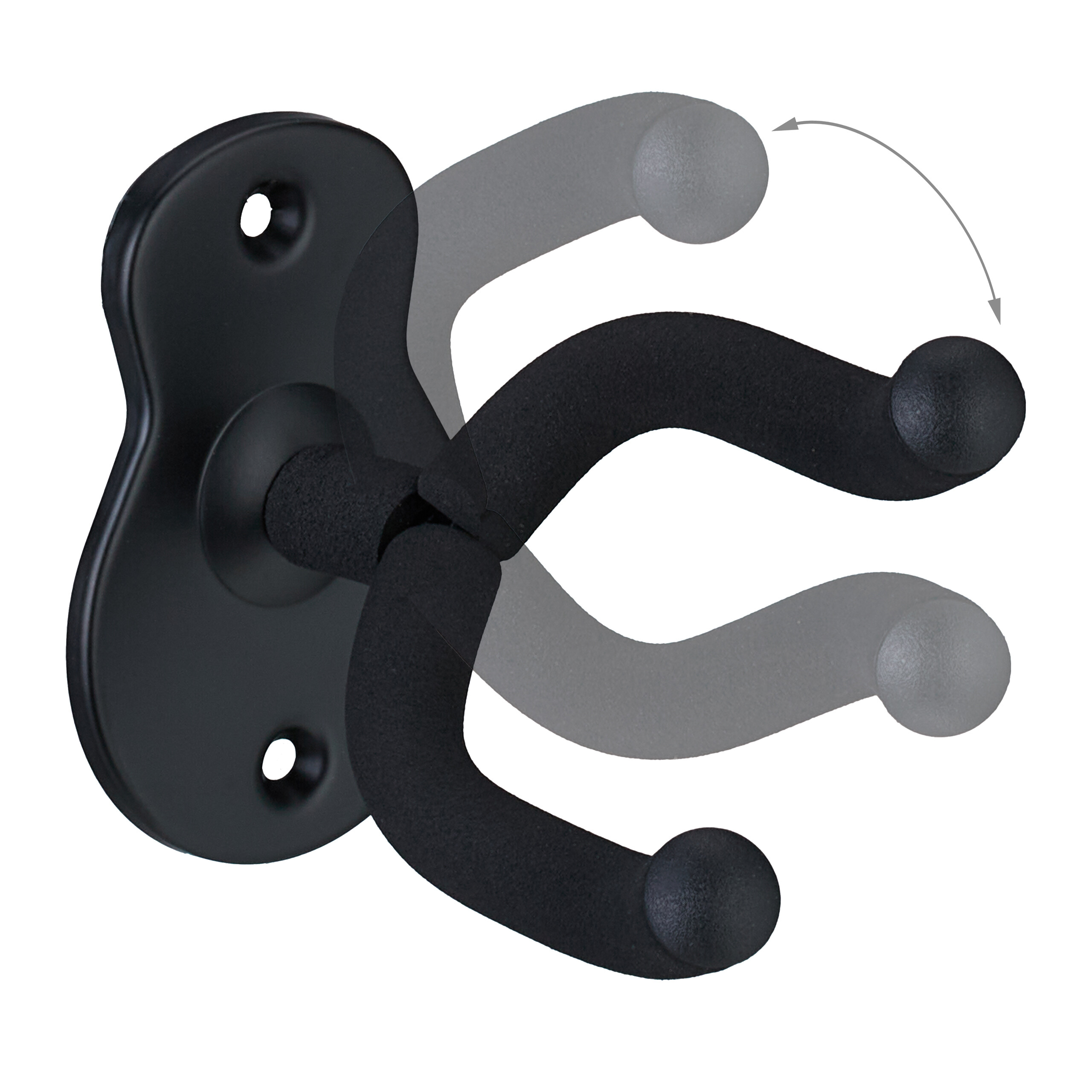 Ein schwarzer, verstellbarer Wandhalter mit Schaumstoffpolsterung für Instrumente.