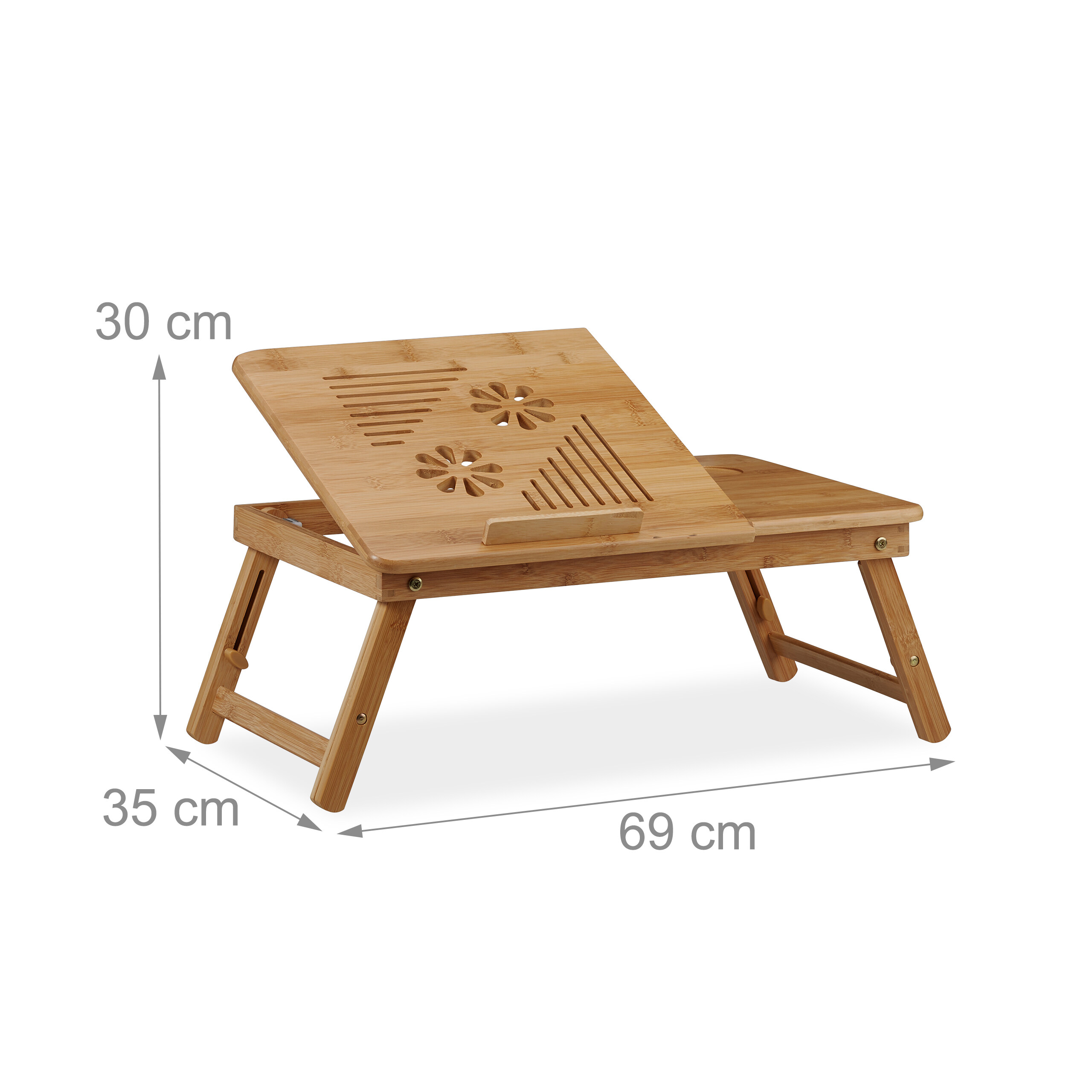 Bambus Laptoptisch mit verstellbarer Platte und Maßen 69x35x30 cm.