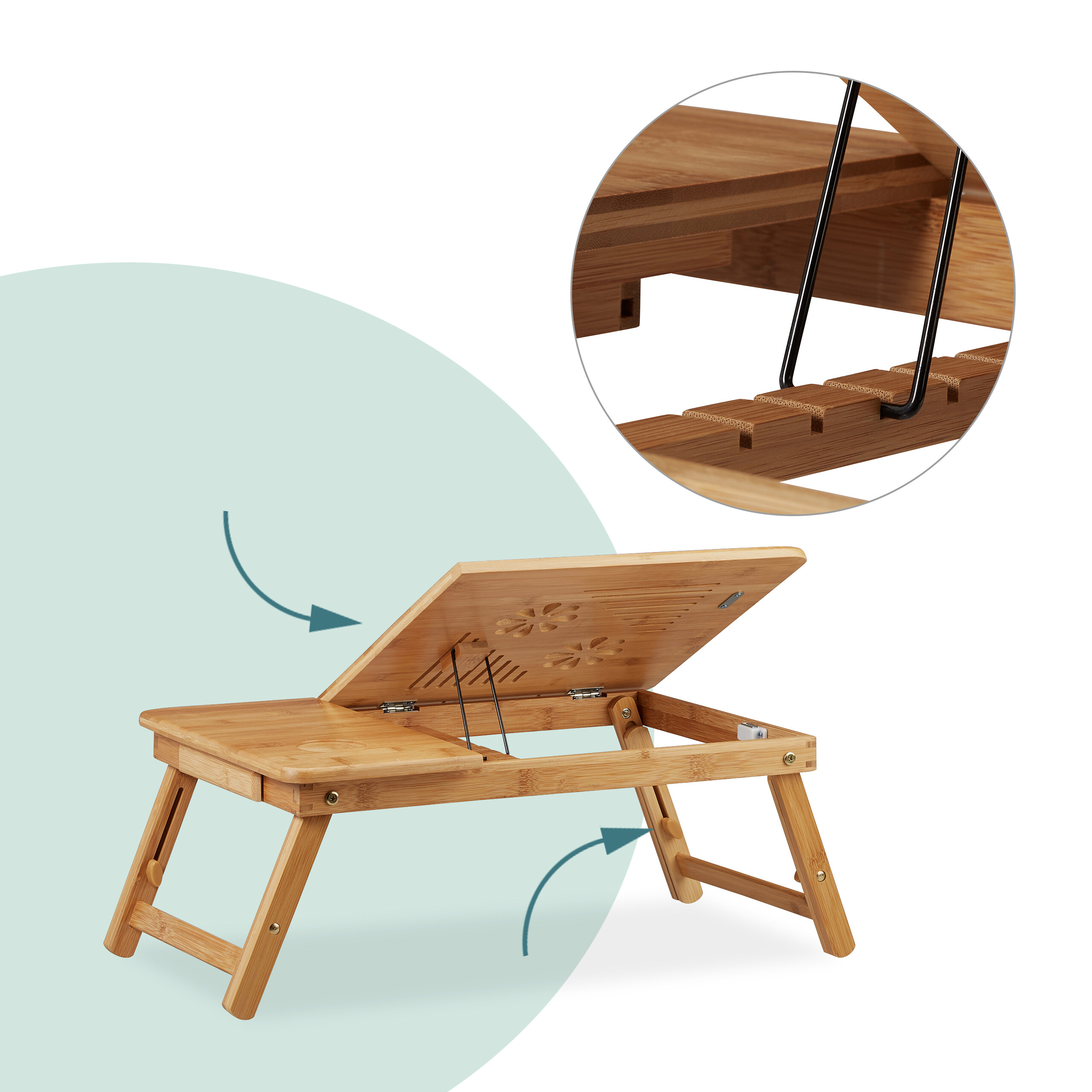 Ein Laptop-Tisch aus Holz mit klappbaren Beinen und verstellbarer Neigung, mit Detailaufnahme des Verstellmechanismus.