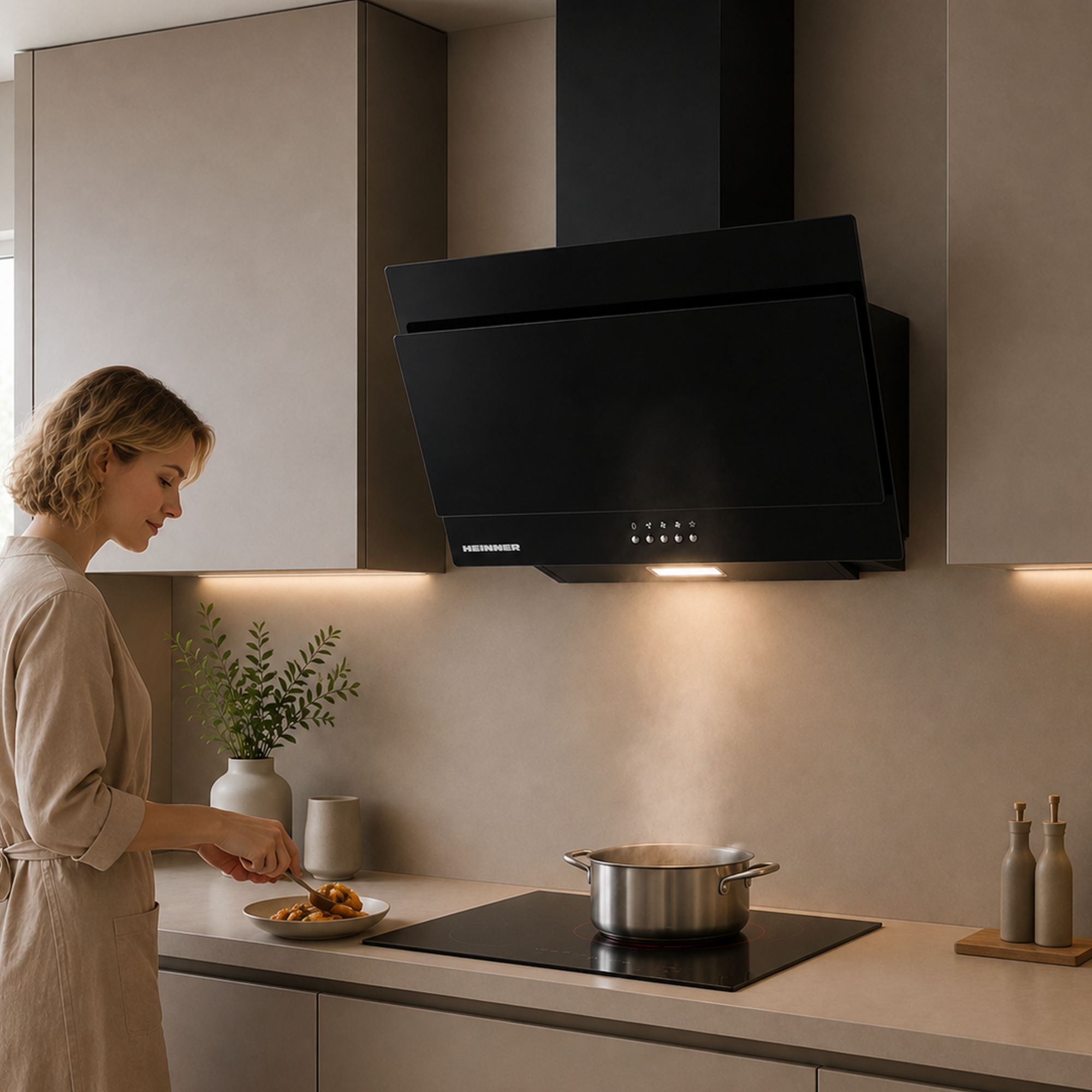 Une femme en beige cuisine dans une cuisine moderne avec une hotte aspirante noire.