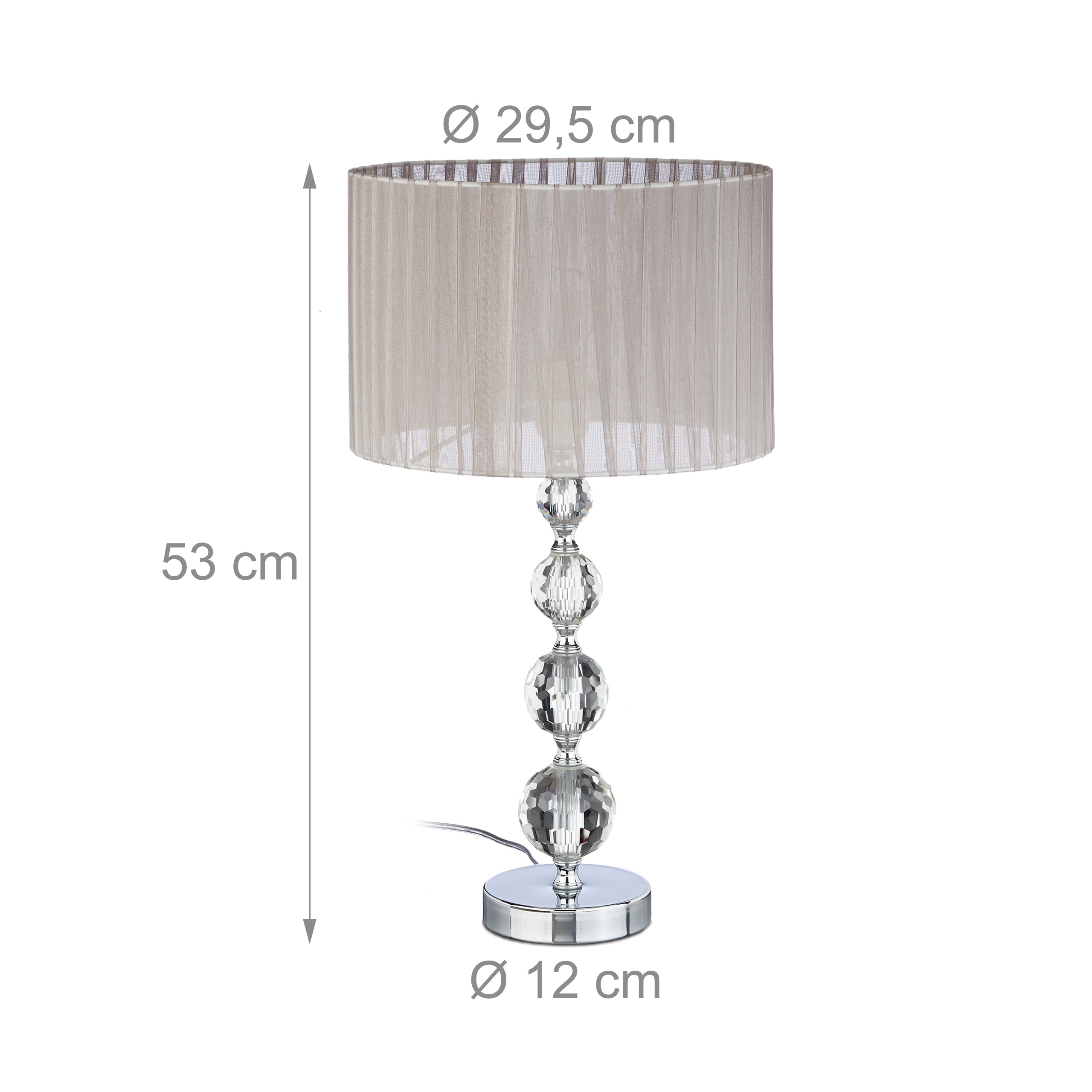 Tischlampe mit grauem Lampenschirm und Kristallkugeln als Stiel auf weißem Grund mit Maßen.