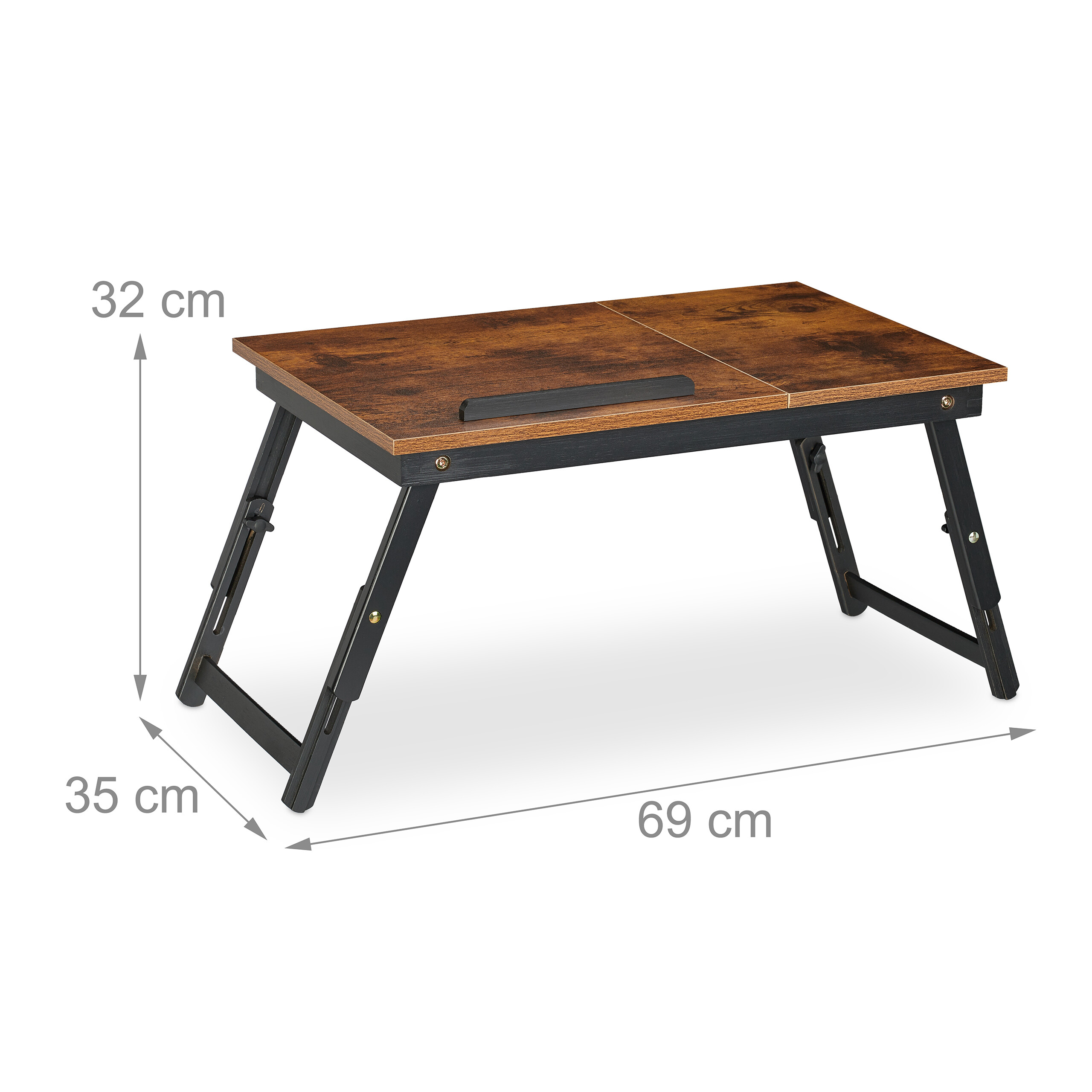 Klappbarer Betttisch mit Holztplatte, schwarzem Metallgestell und Maßen von 69x35x32 cm.