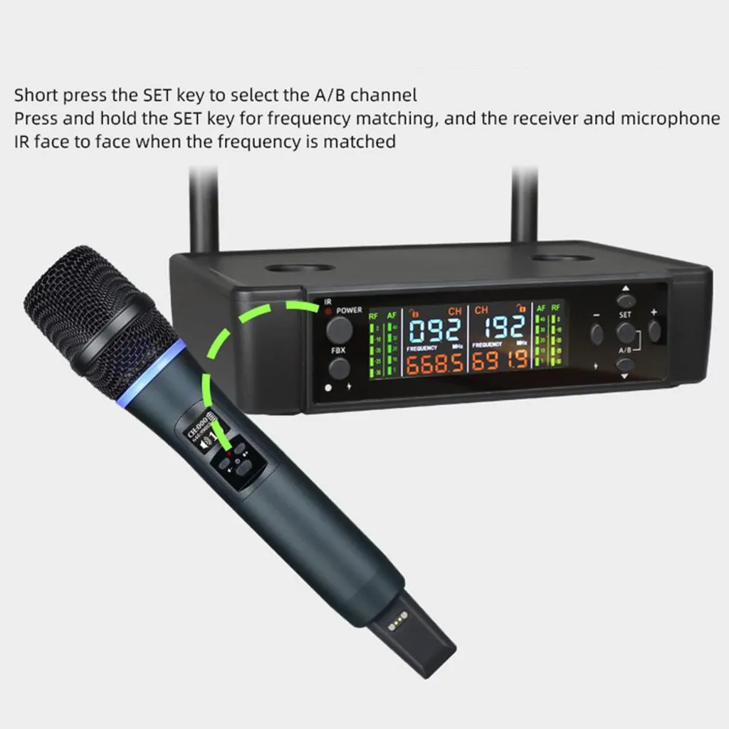 Ein schwarzes Mikrofon und ein Funksender mit digitalem Display und Textanleitungen.