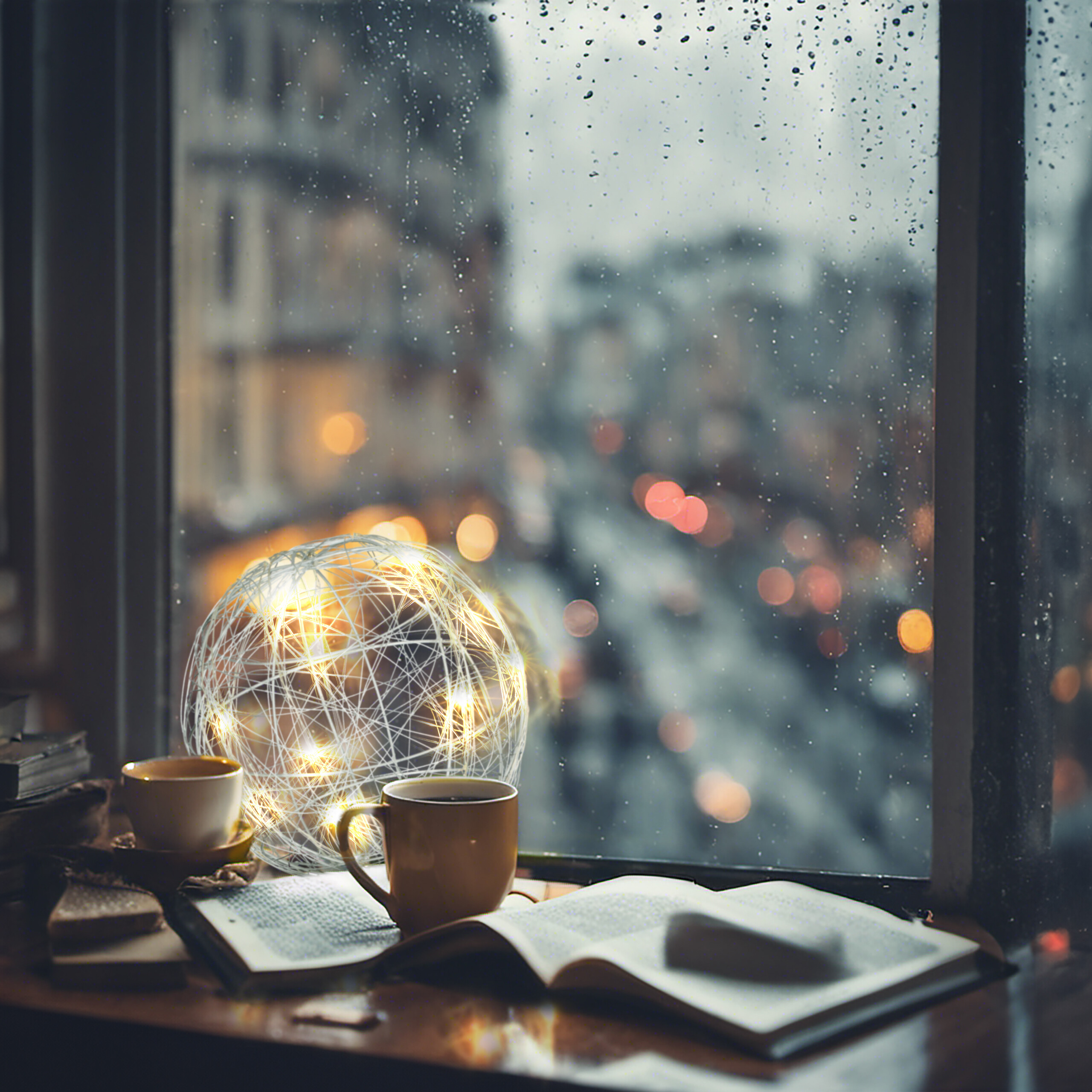 Eine glühende Kugel, Tassen und ein offenes Buch auf einer regnerischen Fensterbank mit Stadtblick.
