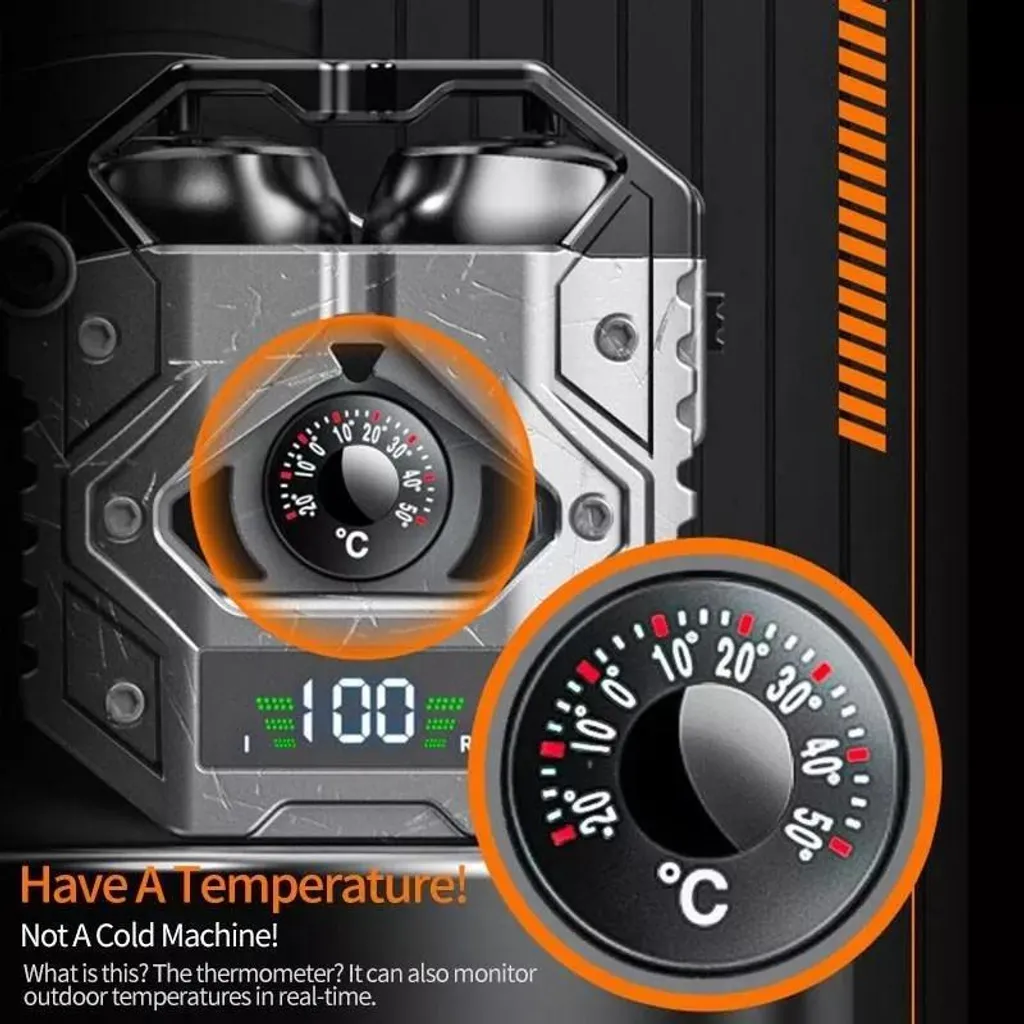 Robuste Ladebox mit integriertem Thermometer und digitaler Batterieanzeige vor dunklem Hintergrund.