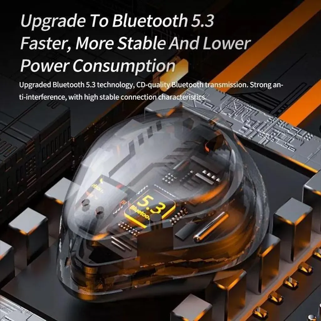 Transparenter Chip mit Text Upgrade auf Bluetooth 5.3 vor dunklem Hintergrund.