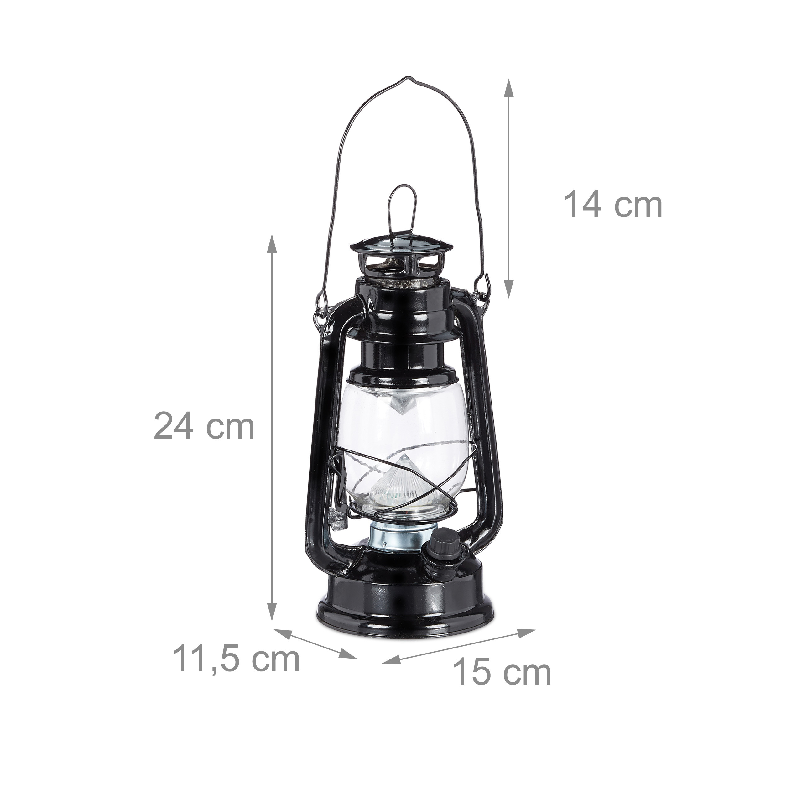Schwarze Öllampe mit Maßen: 24 cm hoch, 15 cm breit, 11,5 cm tief, Bügel 14 cm.
