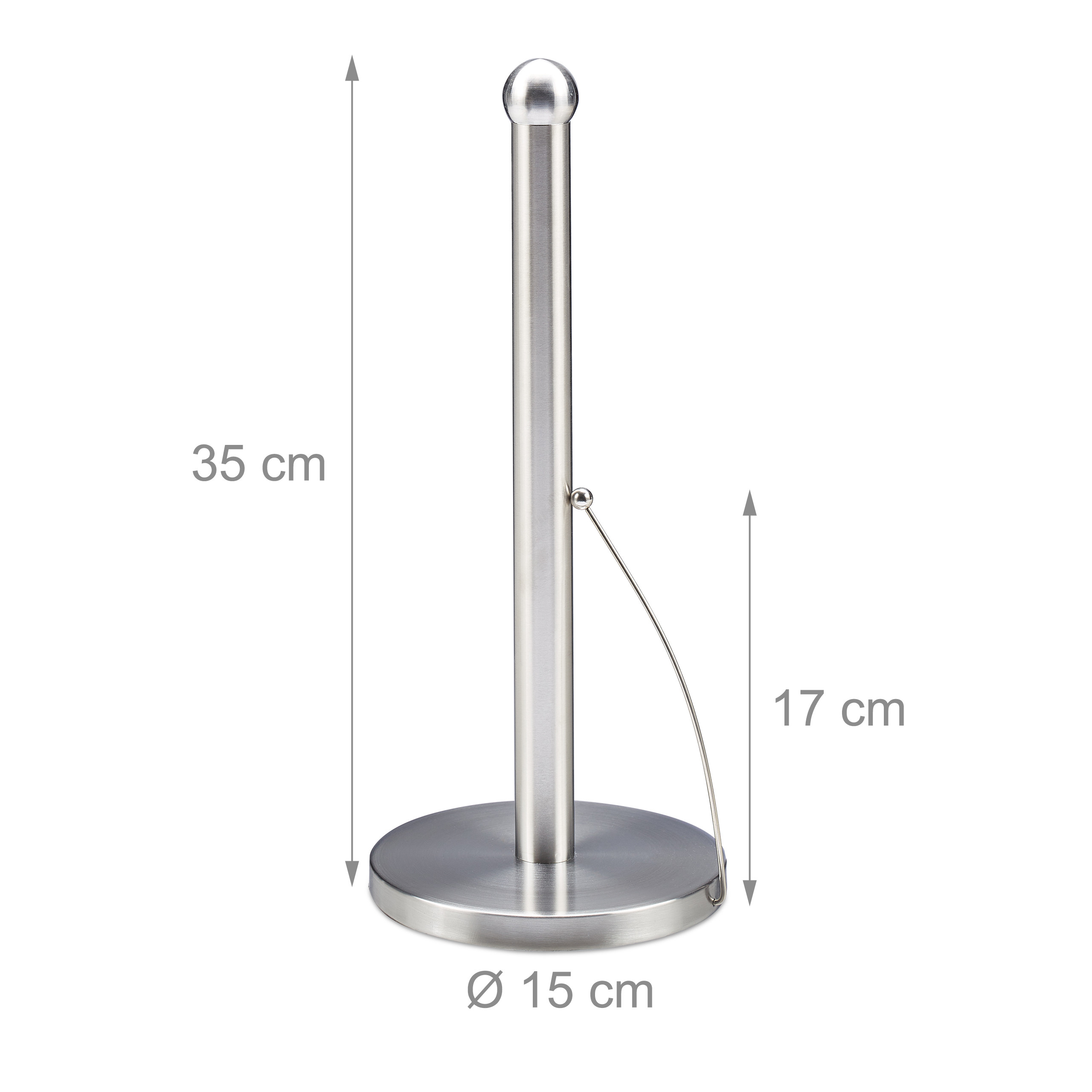 Silberner Edelstahl-Küchenrollenhalter mit Maßen von 35 cm Höhe und 15 cm Durchmesser.