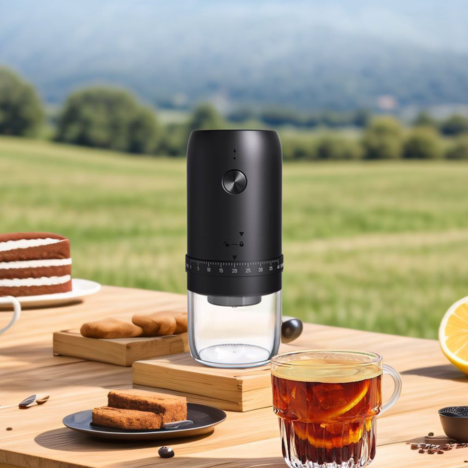 Eine schwarze Kaffeemühle auf einem Holztisch im Freien, umgeben von Gebäck und einer Tasse Tee.