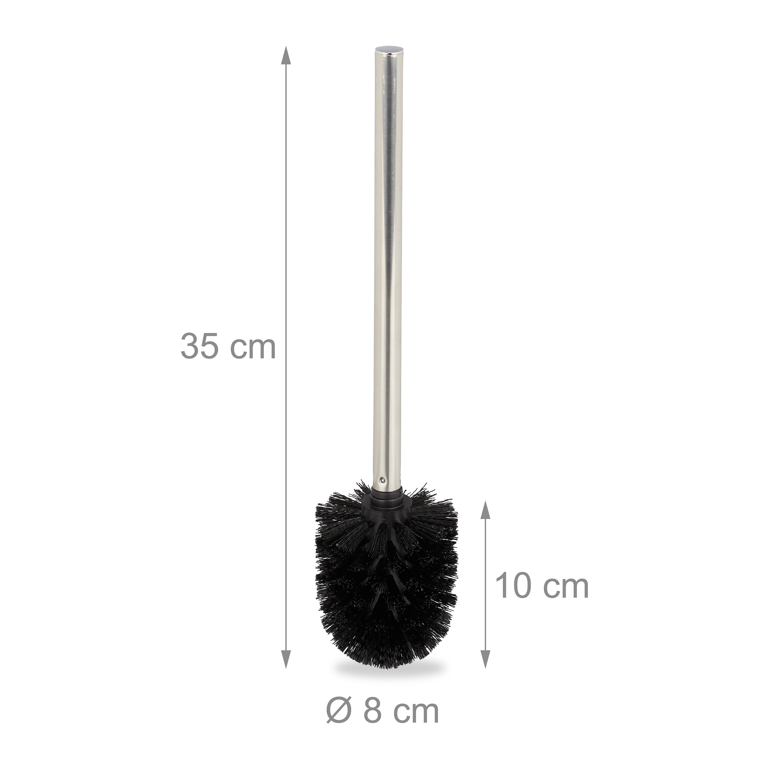Eine Toilettenbürste mit silbernem Metallstiel und schwarzen Borsten, mit Maßen von 35 cm Höhe und 10 cm Bürstenkopf.