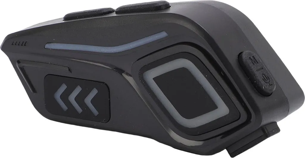 Schwarzes Bluetooth-Helm-Intercom-Gerät mit Knöpfen und weißem LED-Lichtstreifen auf weißem Hintergrund.
