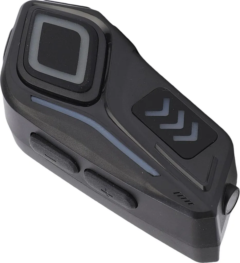 Ein schwarzes Motorradhelm-Bluetooth-Headset-Gerät mit mehreren Bedienknöpfen und einem modernen Design.