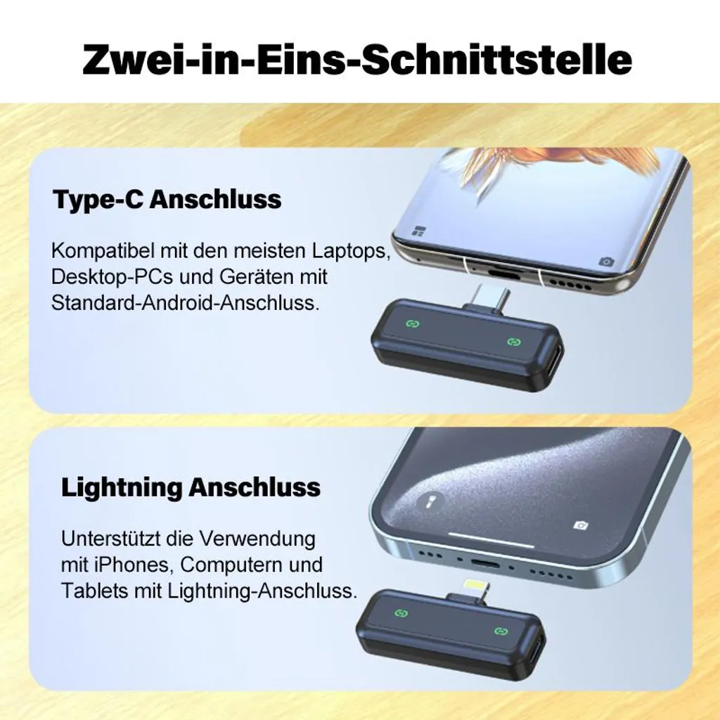 Produktgrafik zeigt Adapter mit Typ-C- und Lightning-Anschluss für Smartphones.