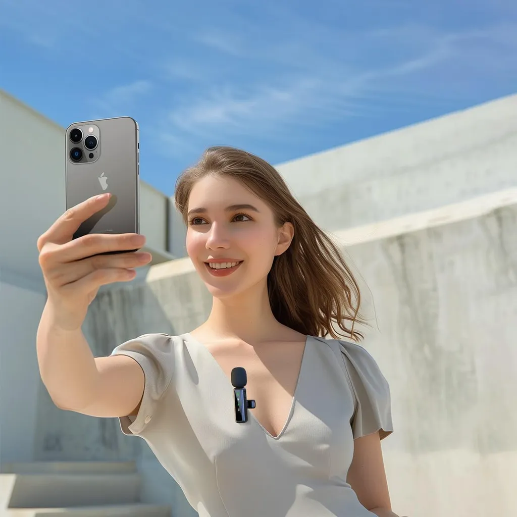 Eine lächelnde Frau mit Mikrofon macht draußen ein Selfie mit einem Smartphone vor blauem Himmel.