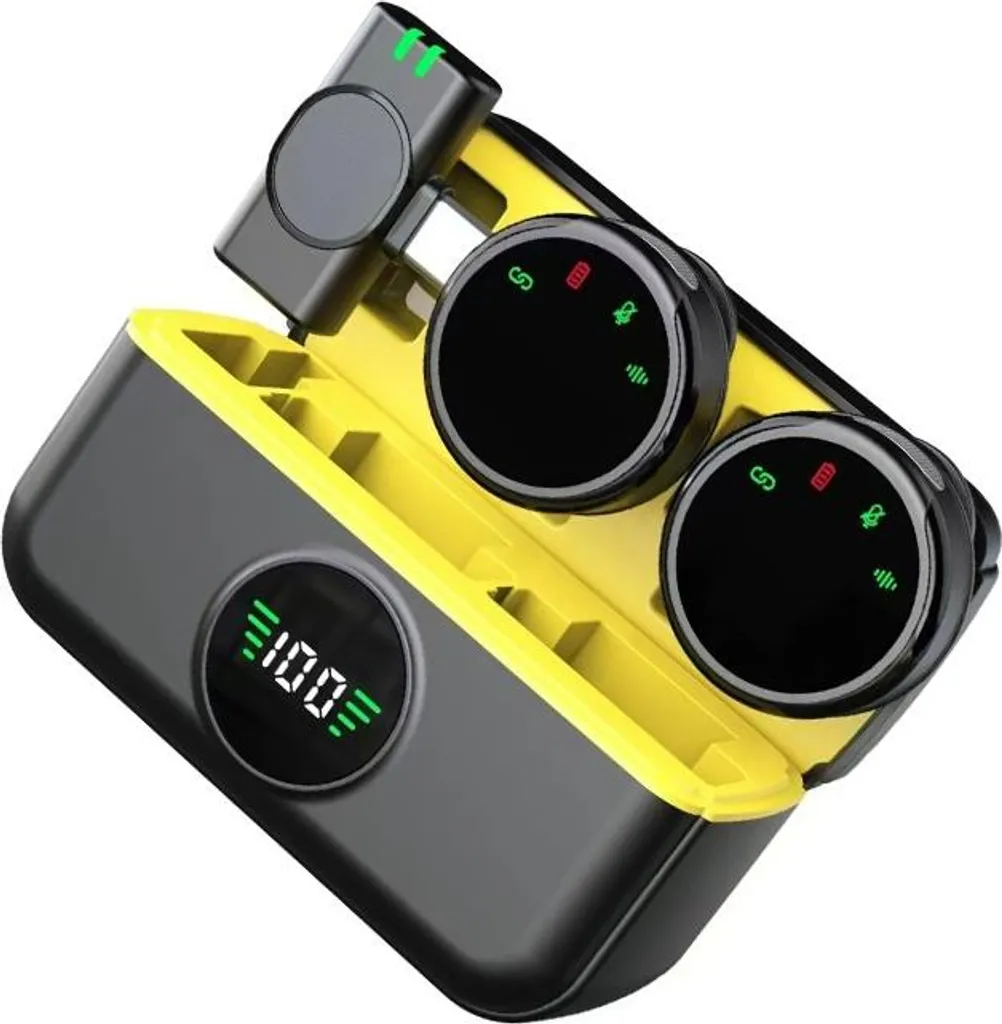 Kabelloses Ansteckmikrofon-Ladeetui mit digitalem Batteriedisplay von 100 Prozent, zwei Mikrofonen und einem Empfänger.