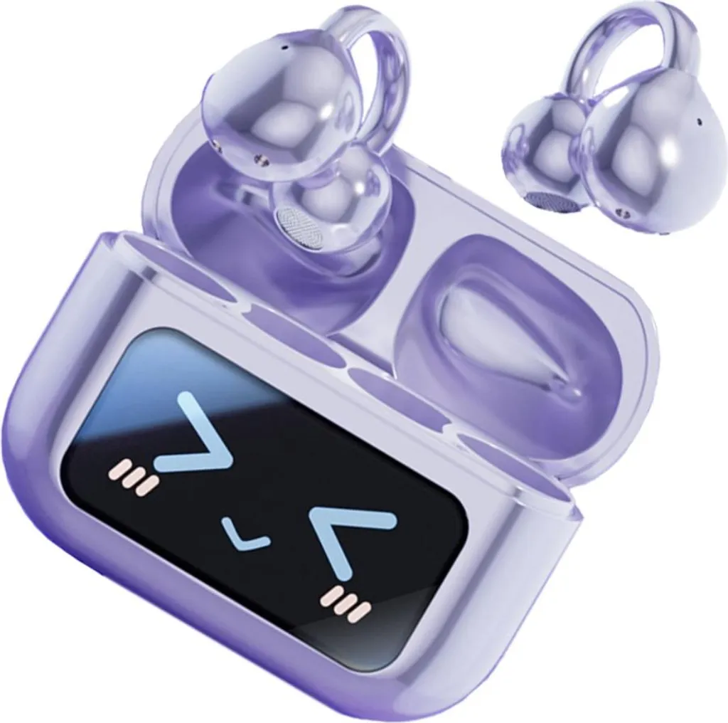 Lila kabellose Ohrhörer im Ladecase mit einem niedlichen Emoticon auf dem Display.